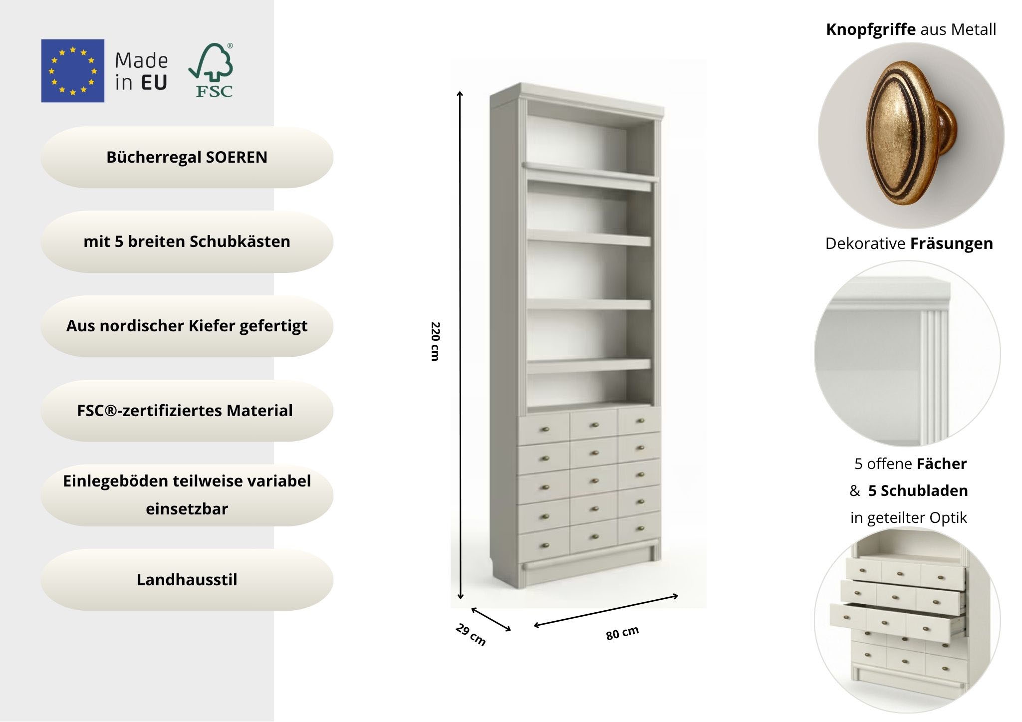 Home affaire Bücherregal »Soeren Regal mit 5 breiten Schubkästen in geteilter Optik« T/H: 80/29/220 cm, Kiefer FSC®-zertifiziert, elegante Metallgriffe