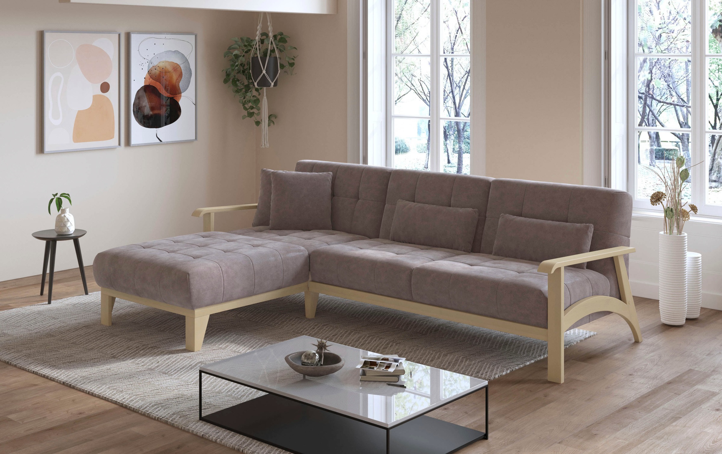 sit&more Ecksofa »Billund L-Form«, Armlehnen aus Buchenholz in natur, verschiedene Bezüge und Farben