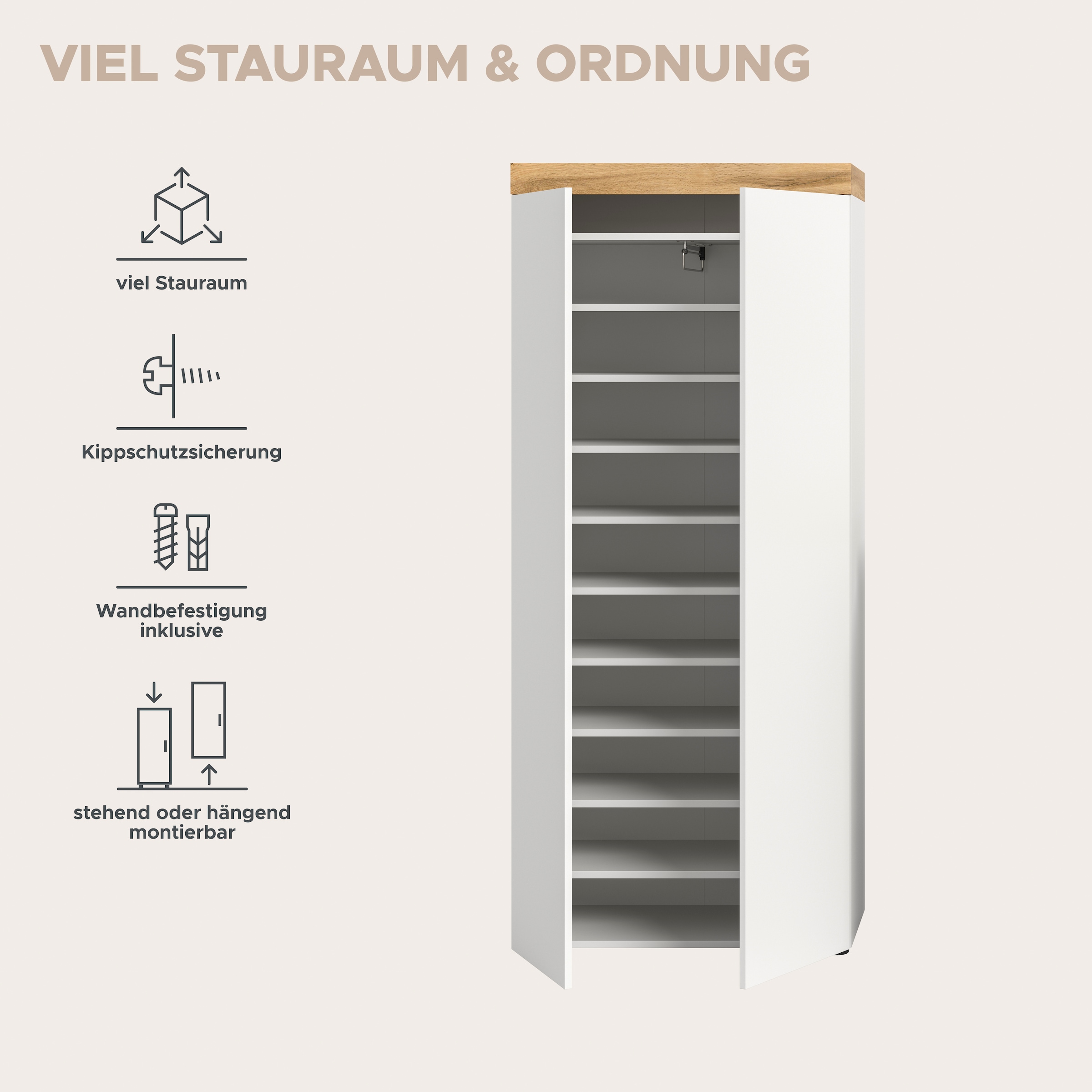 OTTO home Schuhschrank »MAMBO, Höhe 179cm, stehend & hängend, push-2-open« 2 farbige Ausführung, 1 Stk. tlg. Schuhschrank, Schuhkommode, Flur, Diele