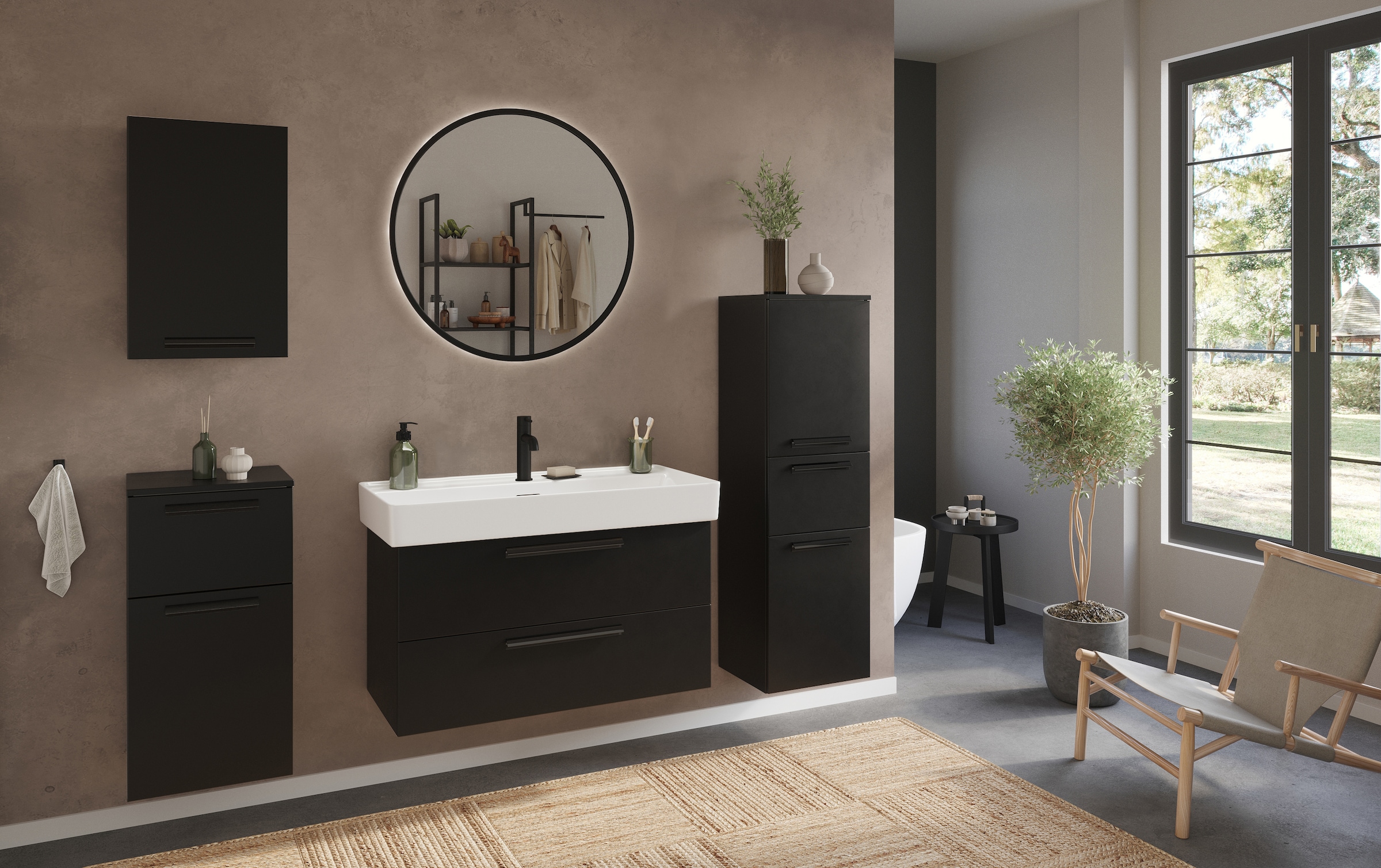 welltime Badmöbel-Set »SALVADA, 3tlg-Set, gedämpfte Scharniere, Softclose, Keramikbecken« Maße (B/T/H): 140/47,5/200 cm, 