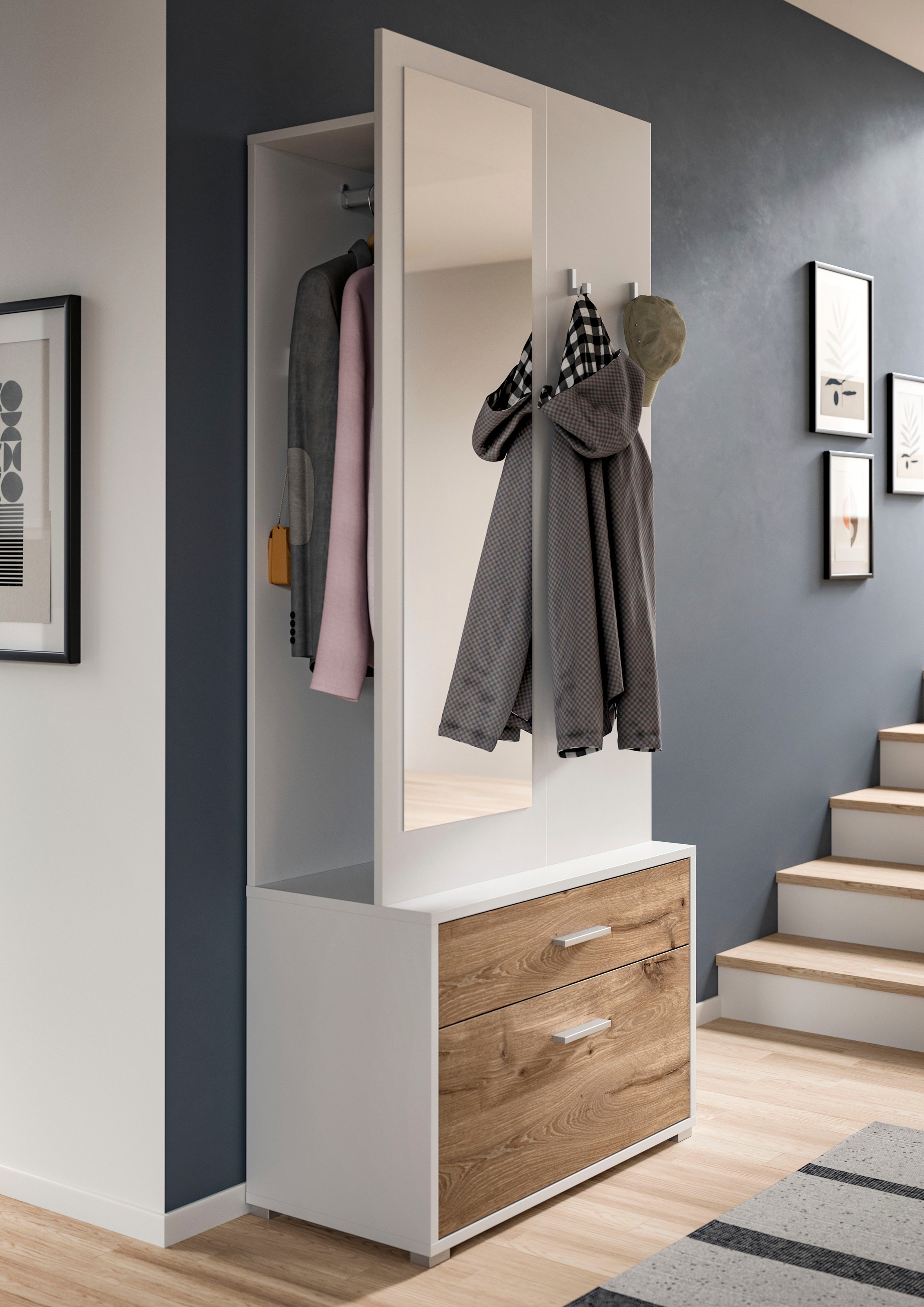 INOSIGN Kompaktgarderobe »Morrea, Höhe 190 cm, 1 Schubkästen, 6 Haken, 1 Kleiderstange, 7 Fächer«, (1 St.), schmale Garaderobe, Stauraum, Flur, Diele