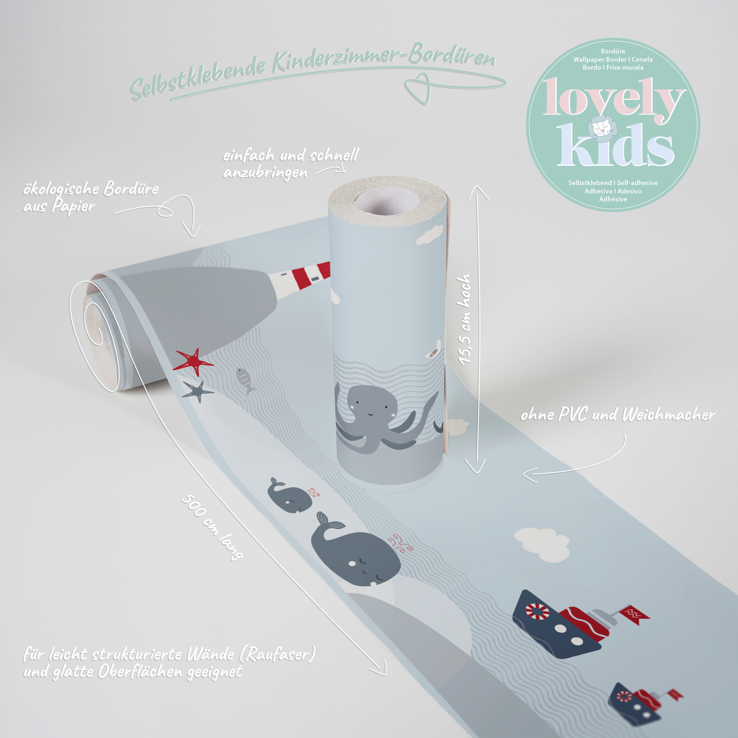 A.S. Création Bordüre »Lighthouse Family«, Motiv-abstrakt-naturalistisch, Tapete Kinder Bordüre Boote Borte Wohnzimmer modern Design Wandtapete