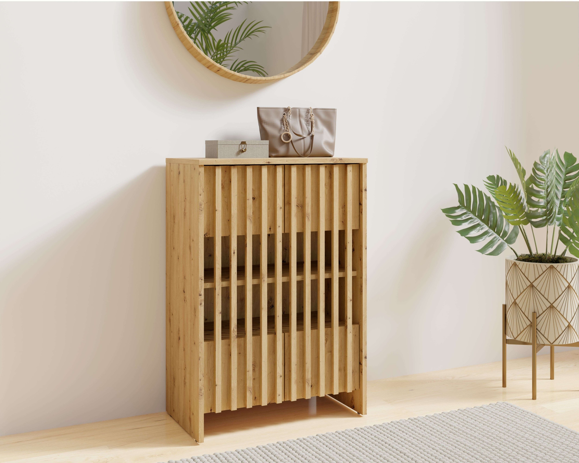 Home affaire Mehrzweckschrank »MURET, Schuhschrank, Weinregal, 4 Fächer und 2 Türen, Lamellenfronten« Maße B/T/H: 60/35,4/87 cm,  Schuhkommode mit viel Stauraum, Maße B/T/H: 60/35,4/87 cm