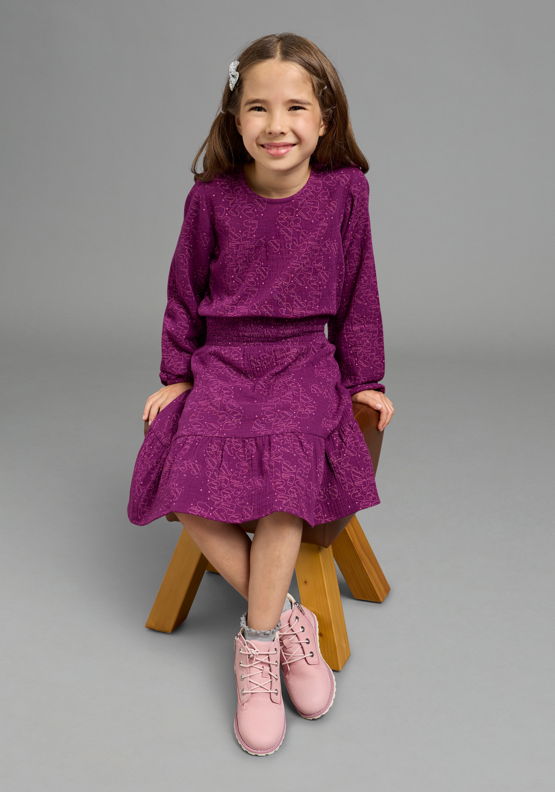 Scout Hemdblusenkleid »Musselin Kleid mit allover-Herzenmuster - NEU von SCOUT« Ohne Tasche für Mädchen, knielang, mit Volant am Saum, mit gesmokter Taille