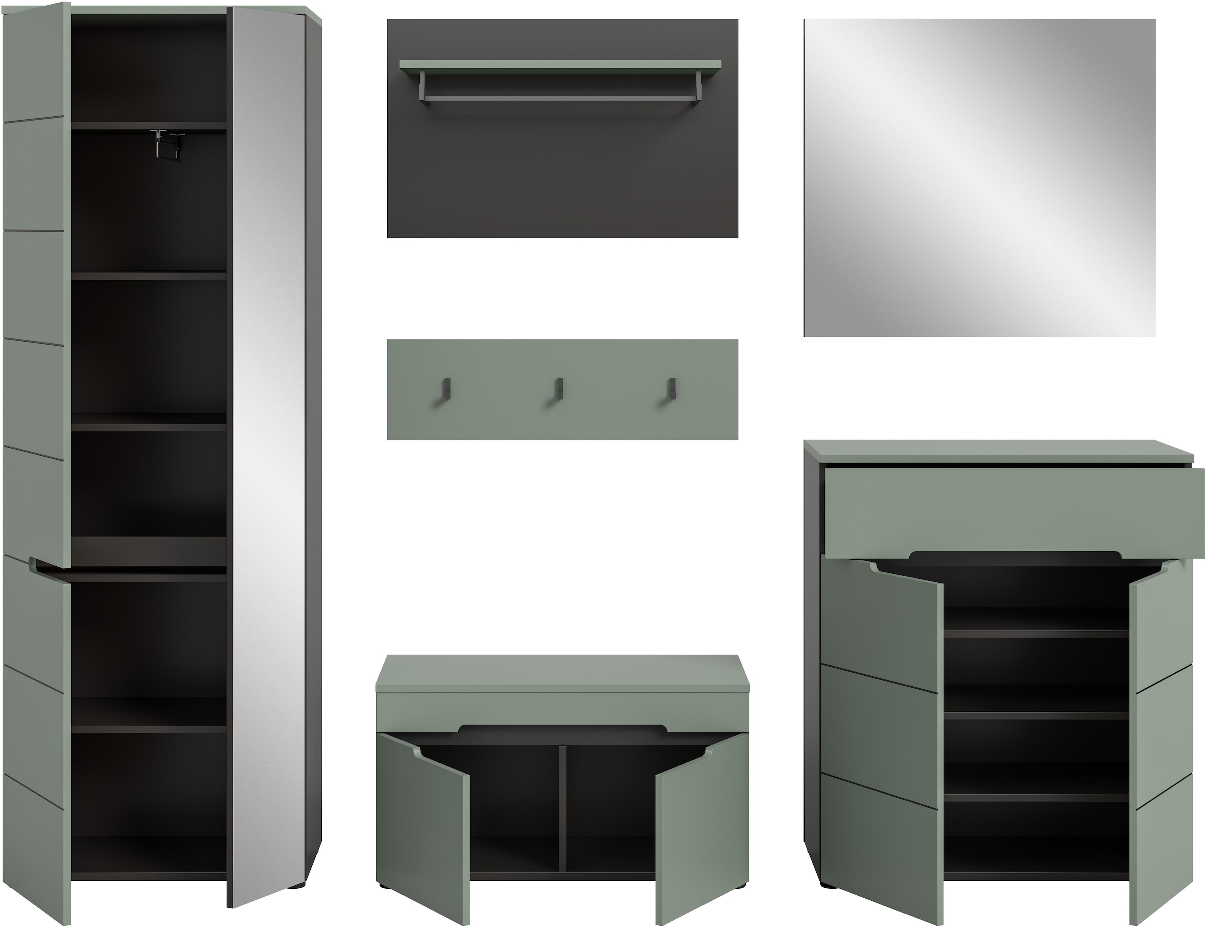 INOSIGN Garderoben-Set »Rehat, Garderobenkombination, Breite 255cm« Garderobenschrank, Sitzbank, Paneel, Hakenleiste, Spiegel, Kommode, 6 Stk. tlg.