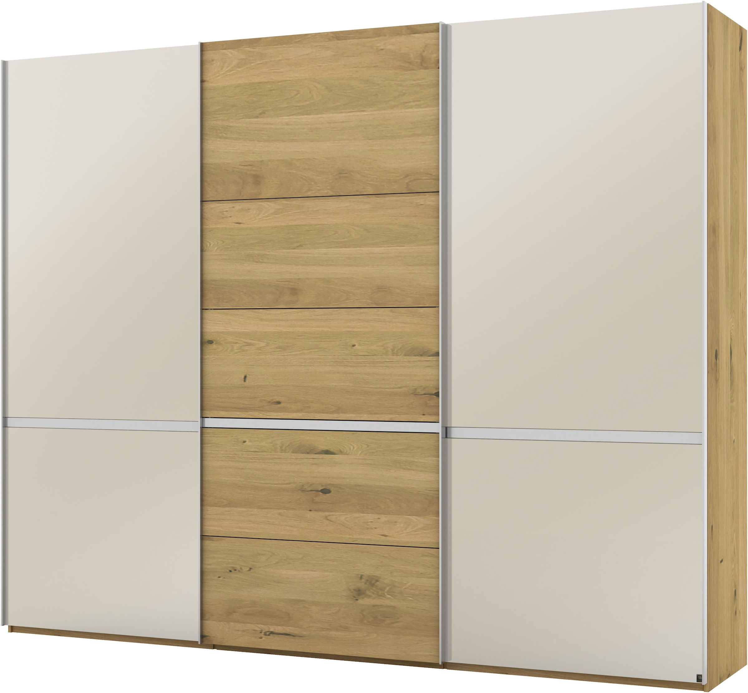 Musterring Schwebetürenschrank »Savona, Kleiderschrank, Schrank, Garderobe, mit Schiebetüren«, (Teilmassiv Bianco-Eiche, mit Spiegel oder Glas, MADE IN GERMANY), Türen Bianco-Eiche massiv, Spiegel-/Glastüren, eingelegte Chromleiste