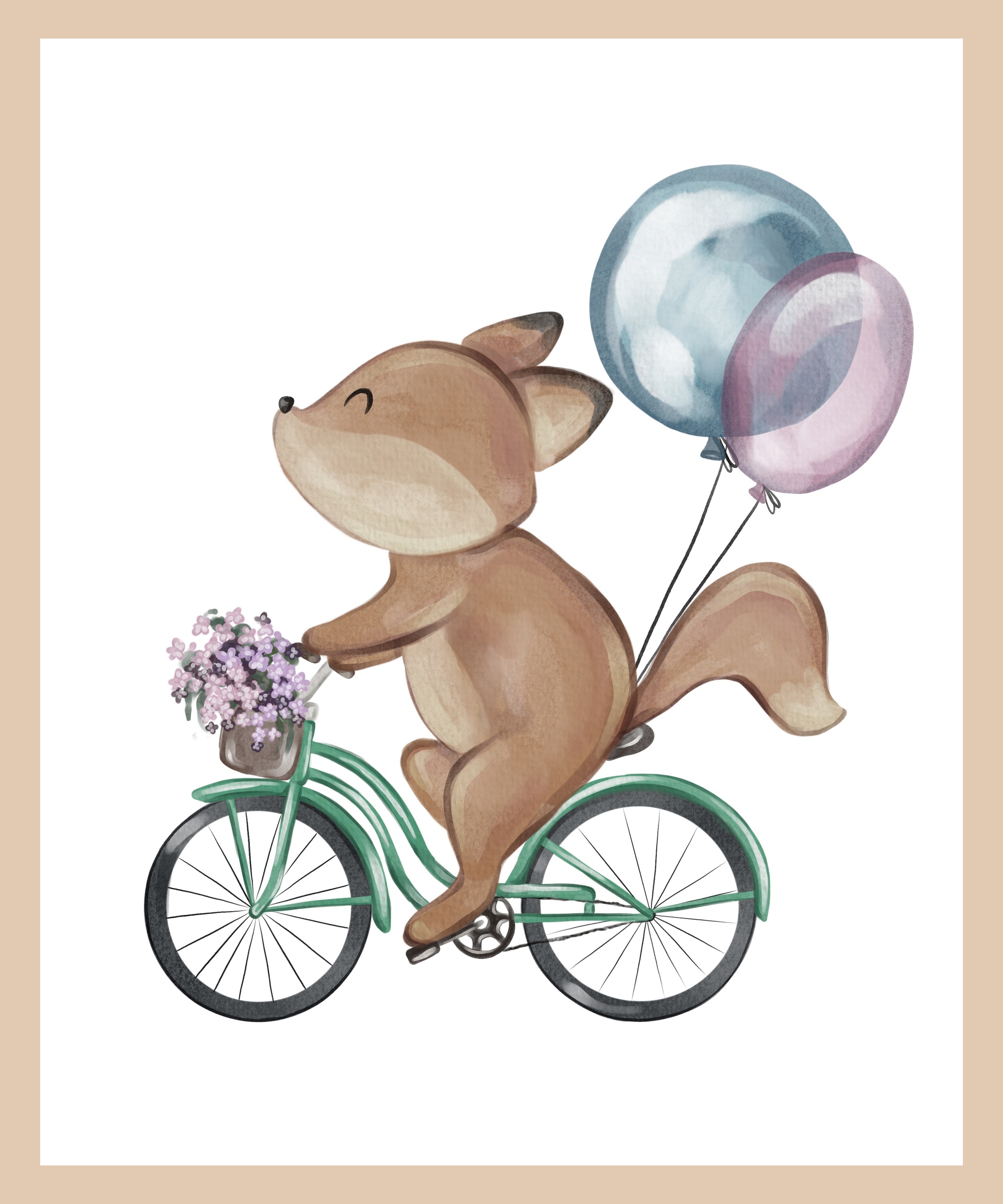 Lüttenhütt Bild mit Rahmen »Blumenkorb und Luftballons«, Eichhörnchen-Fahrräder-Fahrzeuge-Fantasy-Luftballon-Tiere, (1 St.), Premium Rahmenbild, Motive in wunderschönen Pastelltönen