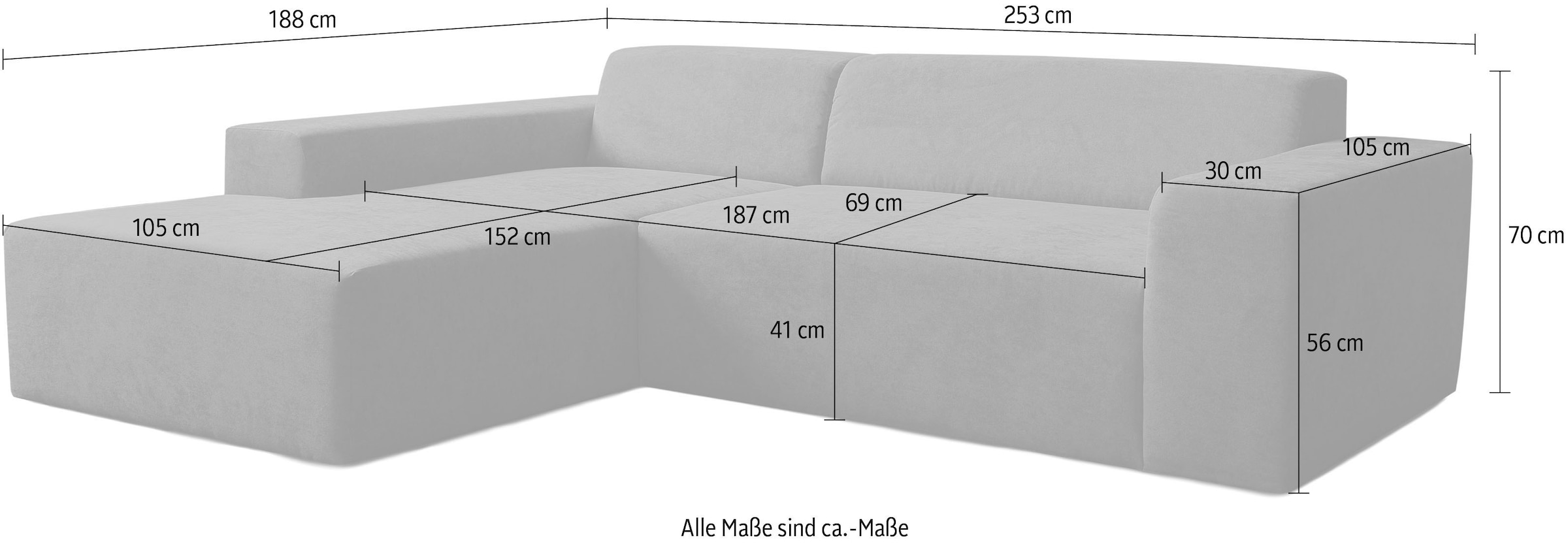 WERK2 Ecksofa »Zeus-L 253 cm breit, bequemes Cord-Sofa in L-Form, urbanes Design« Organische curvy-trend Couch mit großer Komfort-Ottomane