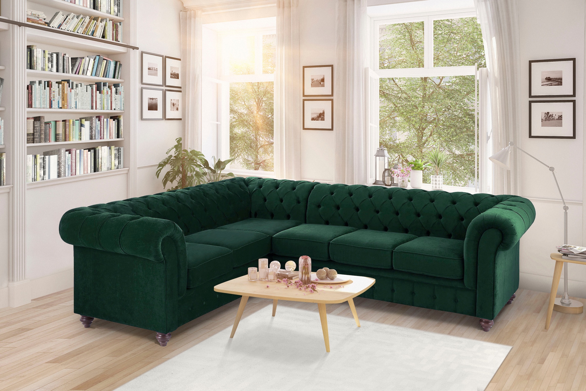 Home affaire Chesterfield-Sofa »Duc Ecksofa L-Form«, hochwertige Knopfheftung im Rücken, Samtoptik mit changierender Optik