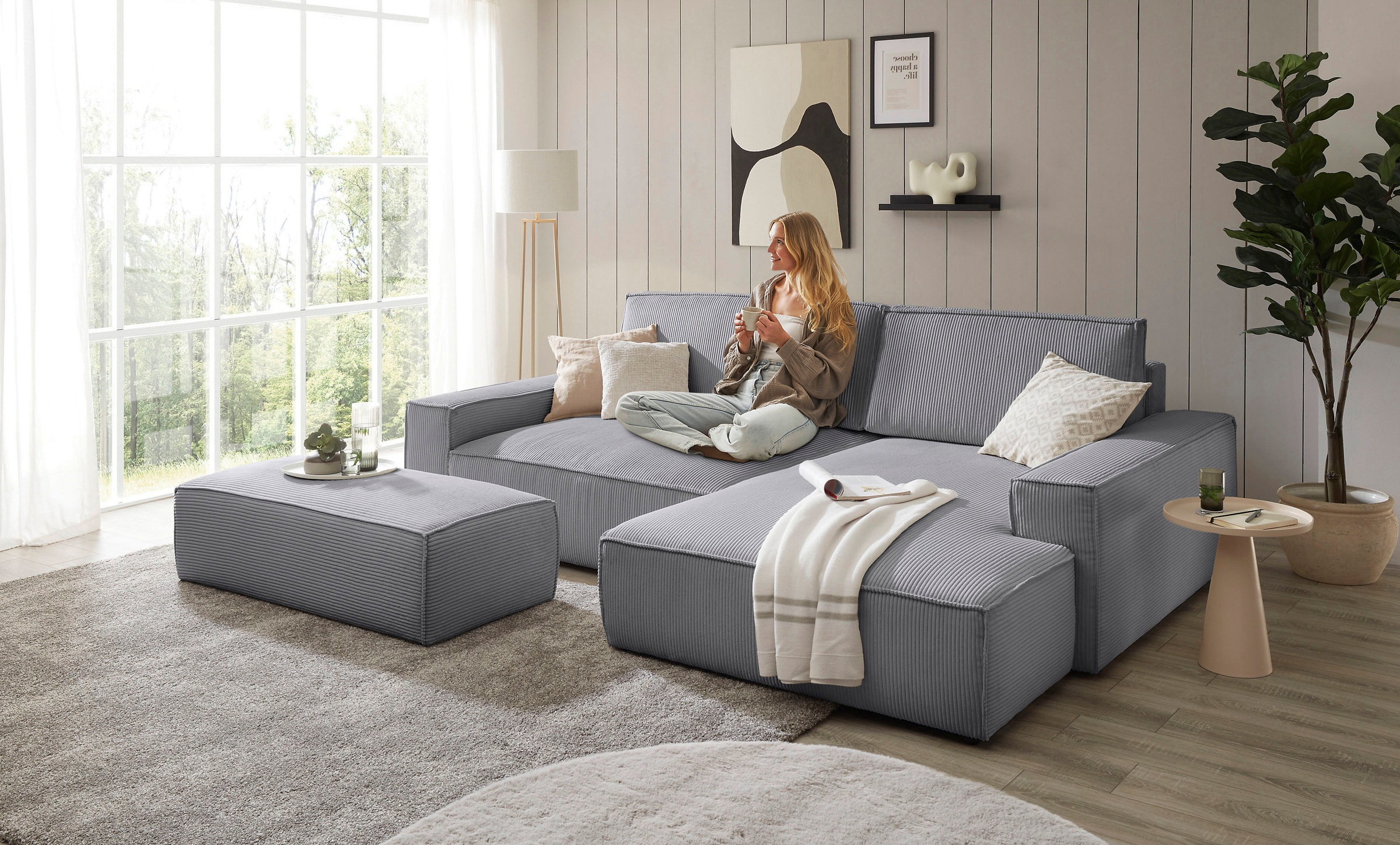 Home affaire Polsterecke »NEU: SHERWOOD XXL tief, L-Form mit Schlaffunktion, Big-Sofa mit Hocker«, (Set, 2 St.), stellbar zum Schlafsofa (Krokodilverbinder), Cord, Leinenoptik