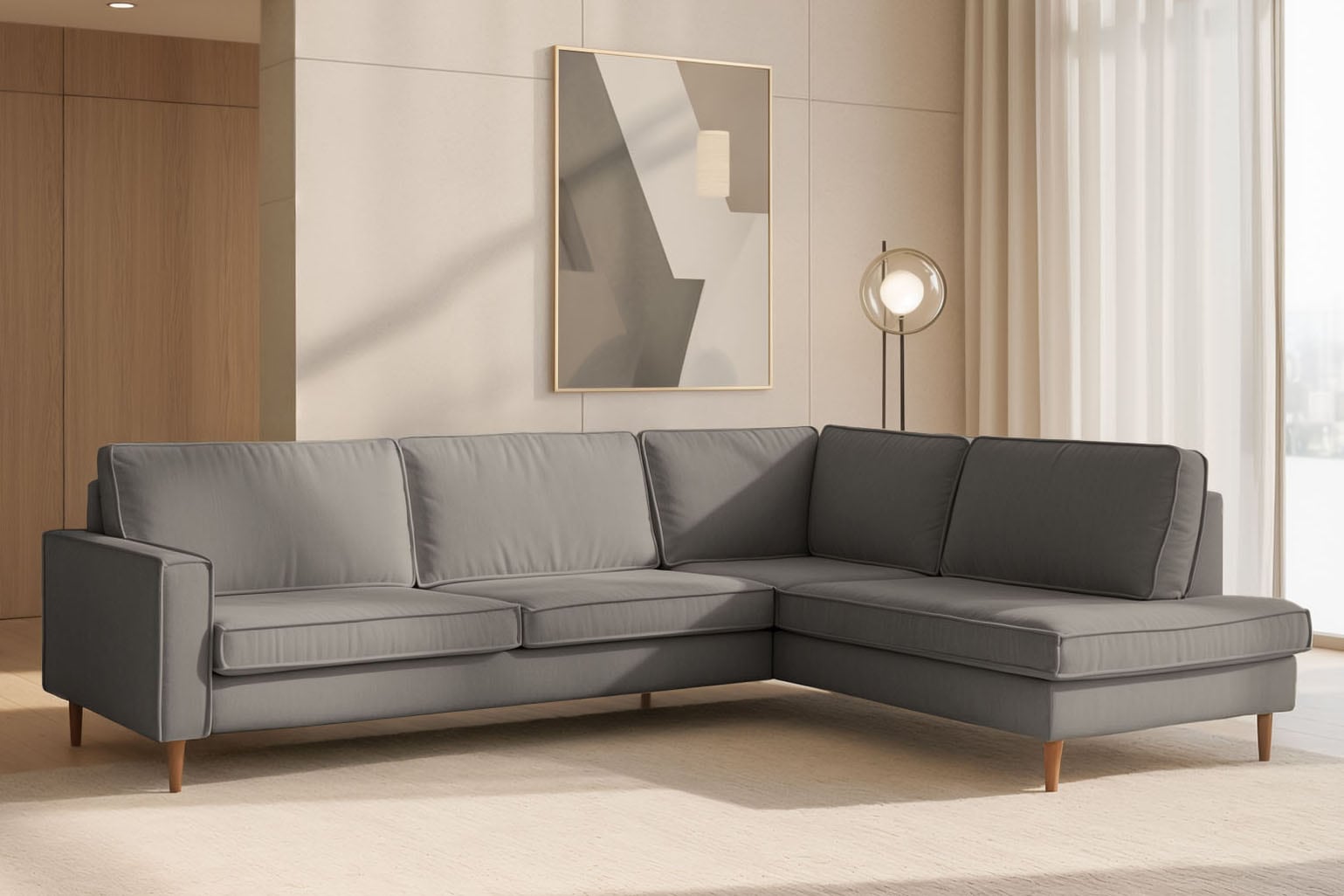 Home affaire Ecksofa »Pinto Skandi, 290 cm, Chenille, Struktur, Ottomane links / rechts« mit Keder, Massivholzfüße Eiche geräuchert, Wellenunterfederung