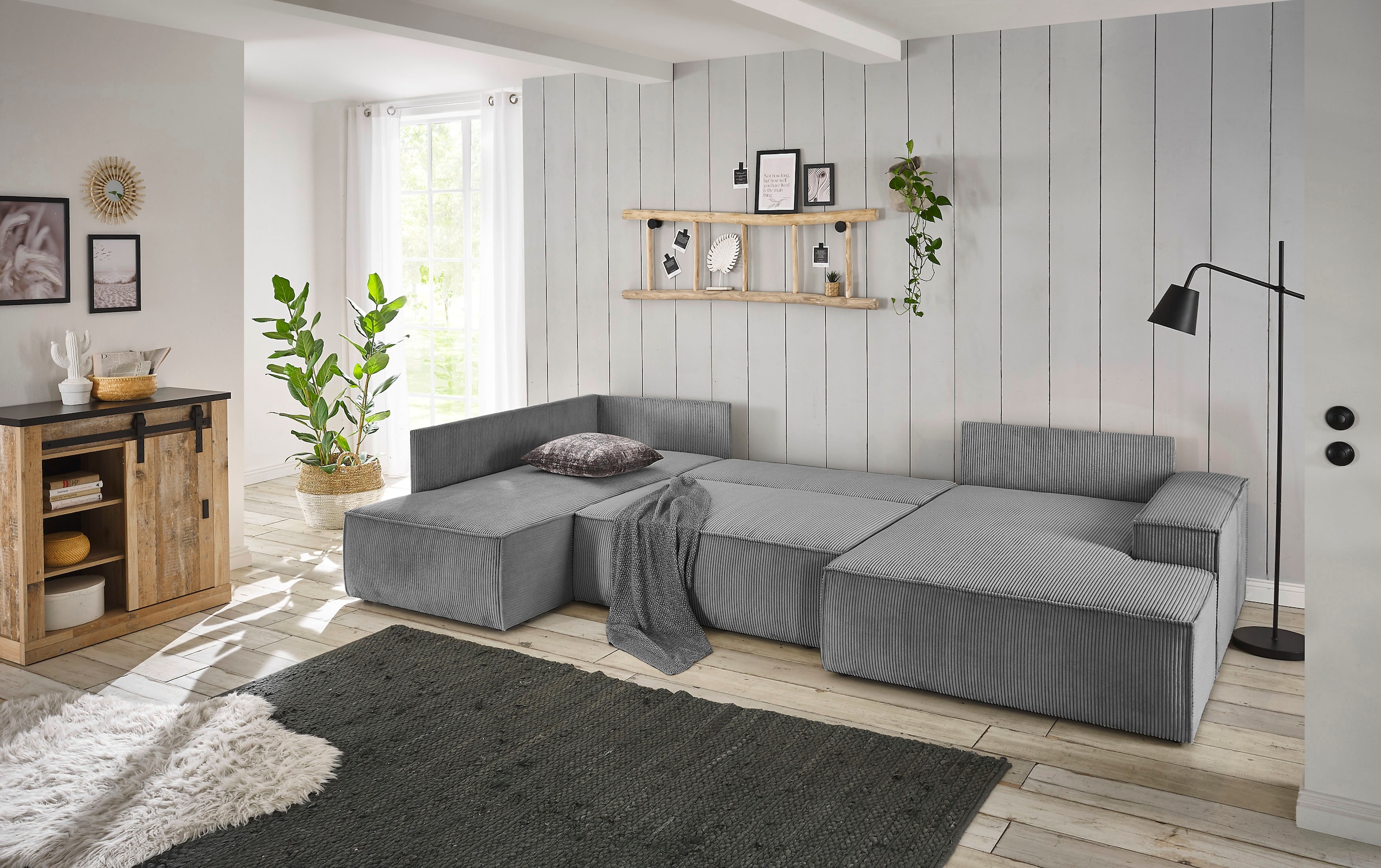 Home affaire Wohnlandschaft »SHERWOOD 329 cm, U-Form, Schlafsofa,«, Schlaffunktion m. Bettkasten (194x139 cm), Cord, Vintage, Samtvelours