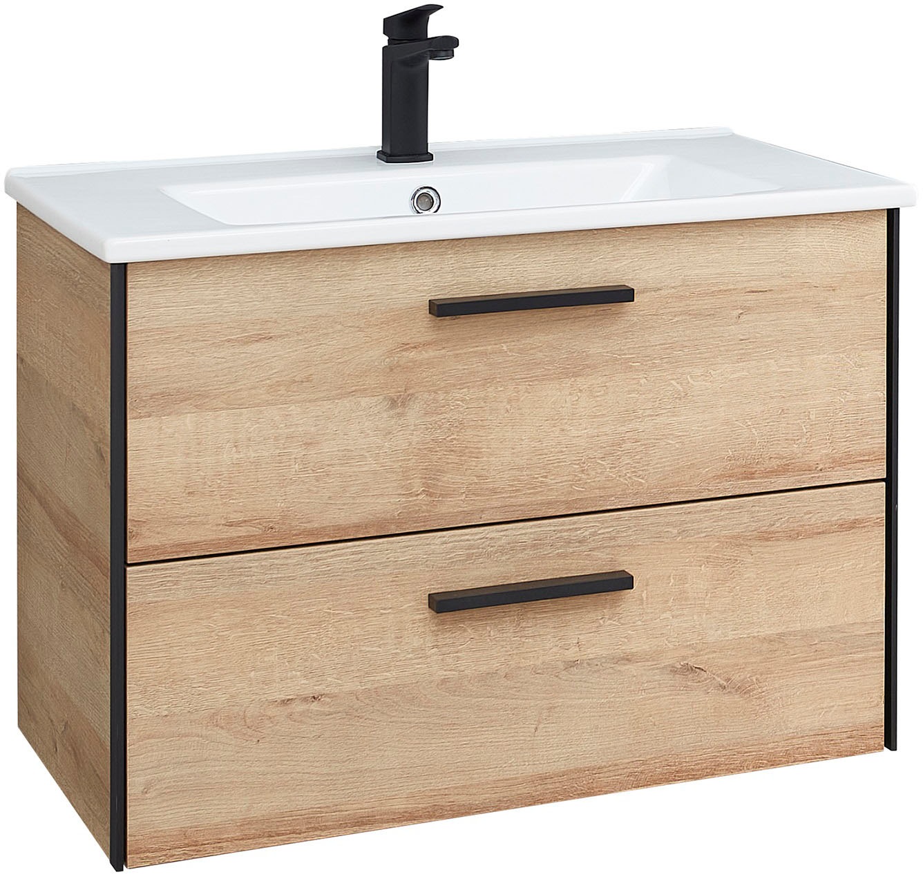 Saphir Badmöbel-Set »Quickset 395 2-teilig, Keramik-Waschtisch mit LED-Spiegel, 75 cm breit«, (2 St.), Waschplatz mit 2 Schubladen, Riviera Eiche quer Nachbildung, Bad-Set