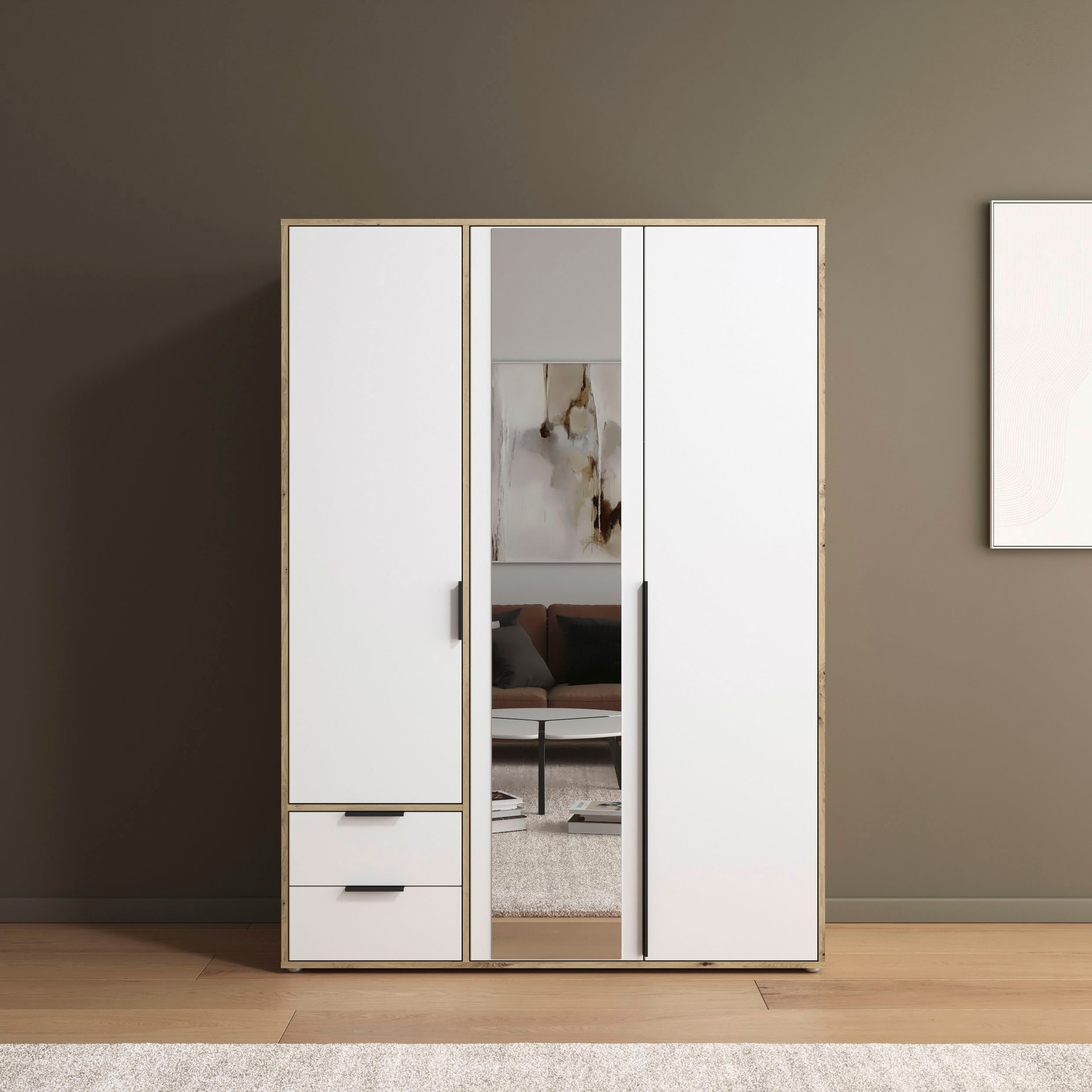 rauch Drehtürenschrank »Kleiderschrank Schrank Garderobe Wäscheschrank NAGATA mit Spiegel«, (in 3 verschiedenen Ausstattungen BASIC/CLASSIC/PREMIUM), und Schubladen sowie Stangengriffen TOPSELLER MADE IN GERMANY