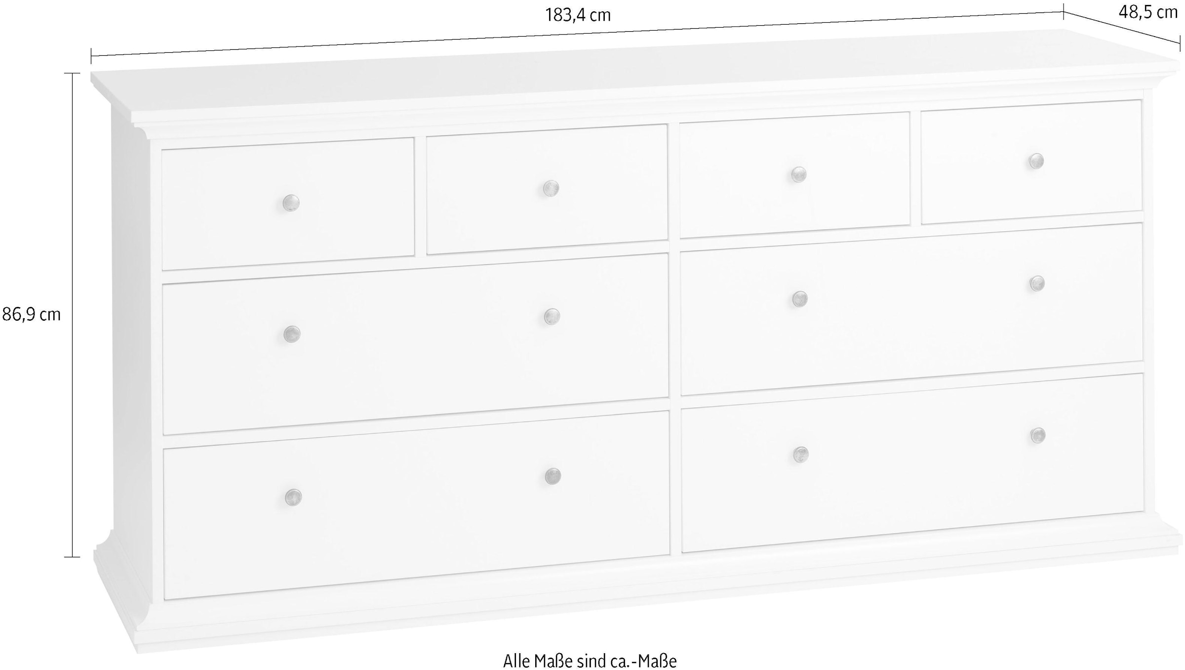 Home affaire Kommode »Paris, Aufbewahrung, Schubladenschrank, Stauraum«, mit 8 Schubladen, Breite 184 cm, Höhe 87 cm