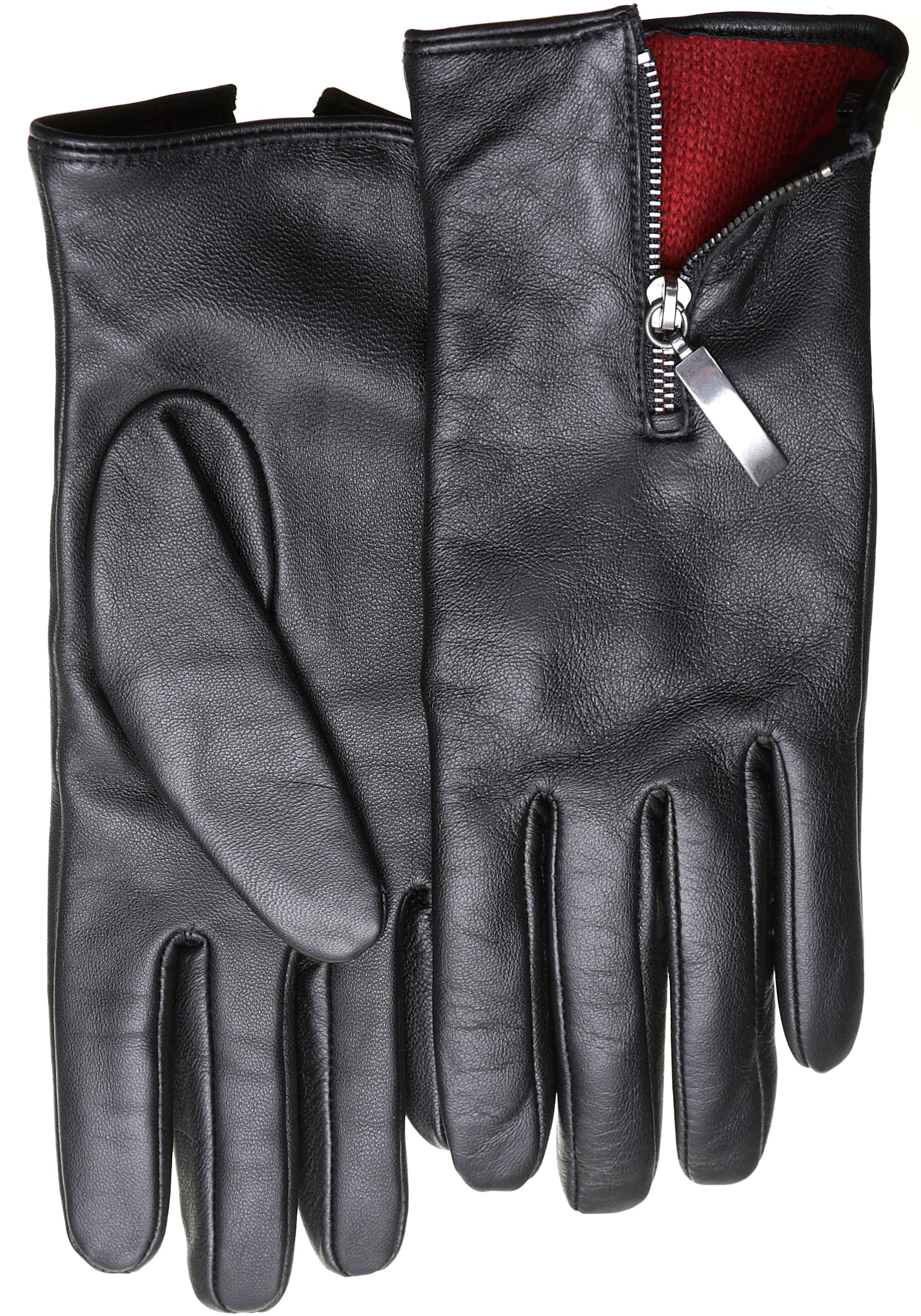 PEARLWOOD Lederhandschuhe Handrücken auf dem »Helena« Glattleder mit Zipper farbigem Innenfutter