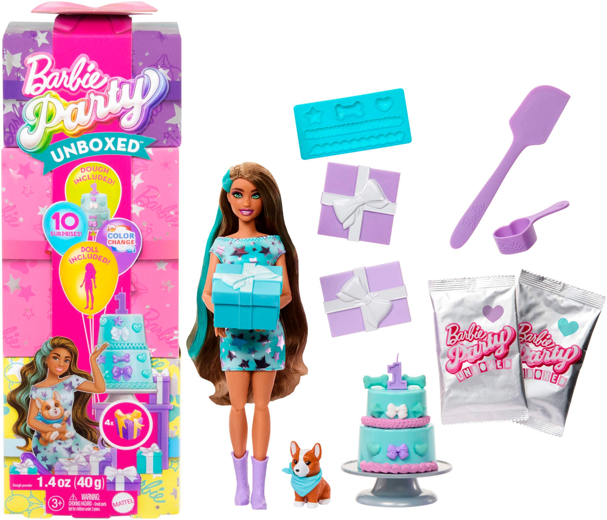 Barbie Anziehpuppe »Party Unboxed Haustier-Geburtstagsserie, blaues Kleid«, 50602511 30831911...