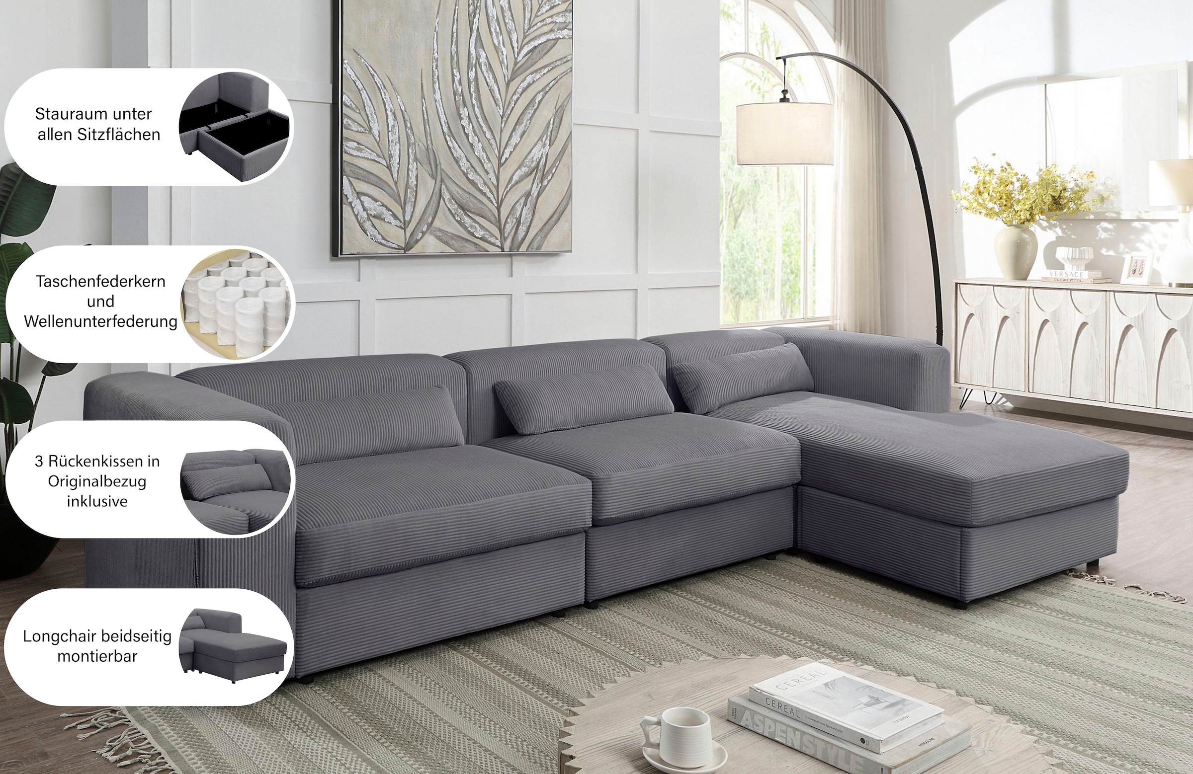 OTTO home Ecksofa »Uno, L-Form, Breite: 307cm« beidseitig montierbarem Longchair,mit Taschenfederkern, in Cord