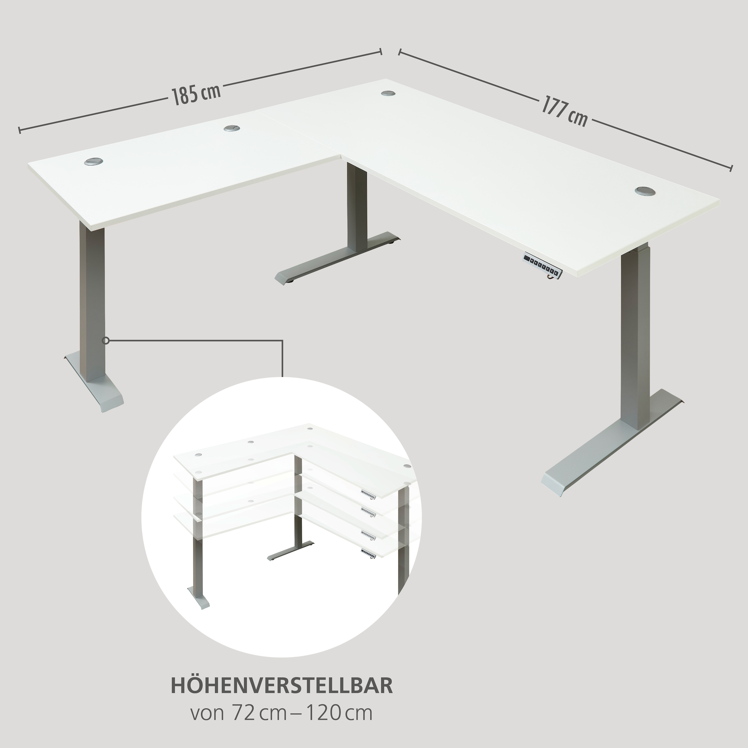 Innostyle Schreibtisch »Schreibtisch Santorin, 185/72/173 cm ( B/H/T)« 1 Stk. tlg. mit motor. Höhenverst. (72-120 cm) mit Memory-Funkt., li/re montierbar