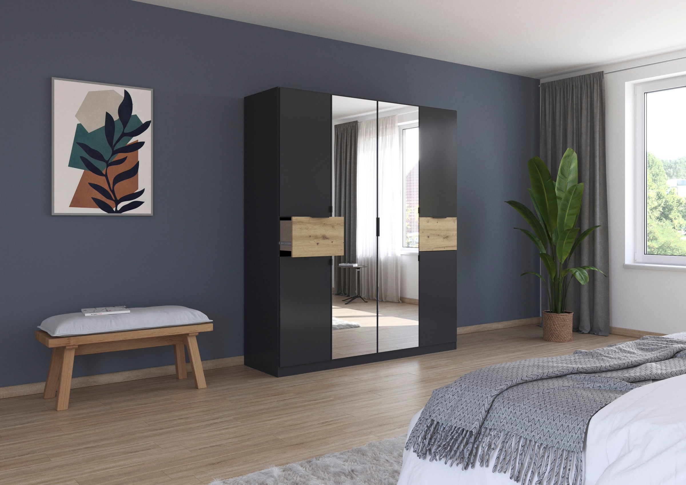 rauch Drehtürenschrank »Kleiderschrank Schrank Garderobe Wäscheschrank TICAO«, (Schubladen in der Höhe variabel positionierbar), mit 2 geräumigen Schubladen, viel Stauraum MADE IN GERMANY