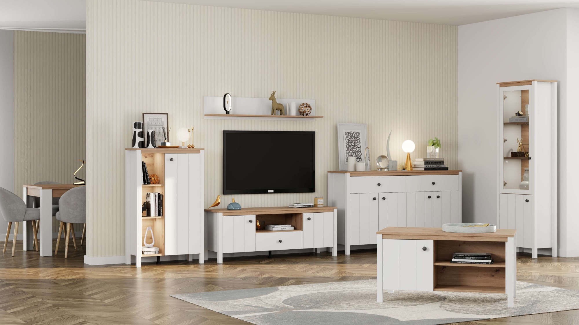 Home affaire Vitrine »BEDFORD Vitrinenschrank, Glasschrank, Standvitrine, Highboard« MDF-Profil 2D ummantelt, 2 Türen & 4 Einlegeböden mit Metallgriffen