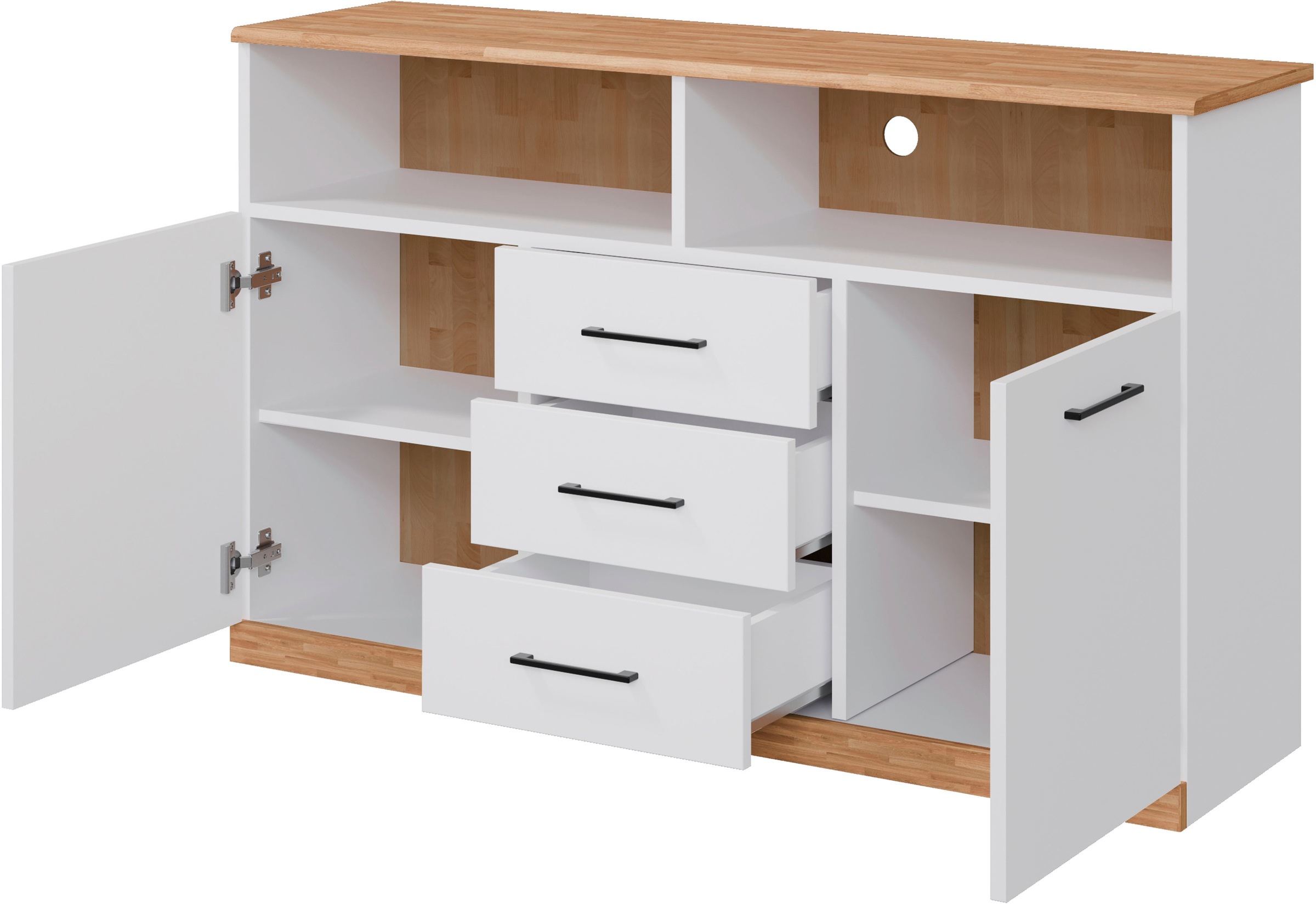 Home affaire Sideboard »Ribe,130cm breit,80cm hoch,Oberplatte Holz massiv,6 Fächer«, Oberplatte Eiche massiv,schwarze Metall Griffe