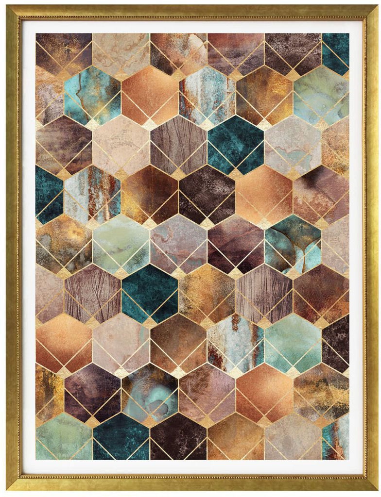 Wall-Art Poster »Hexagone Gold Kupfer«, Schriftzug, (1 St.), Poster ohne Bi günstig online kaufen