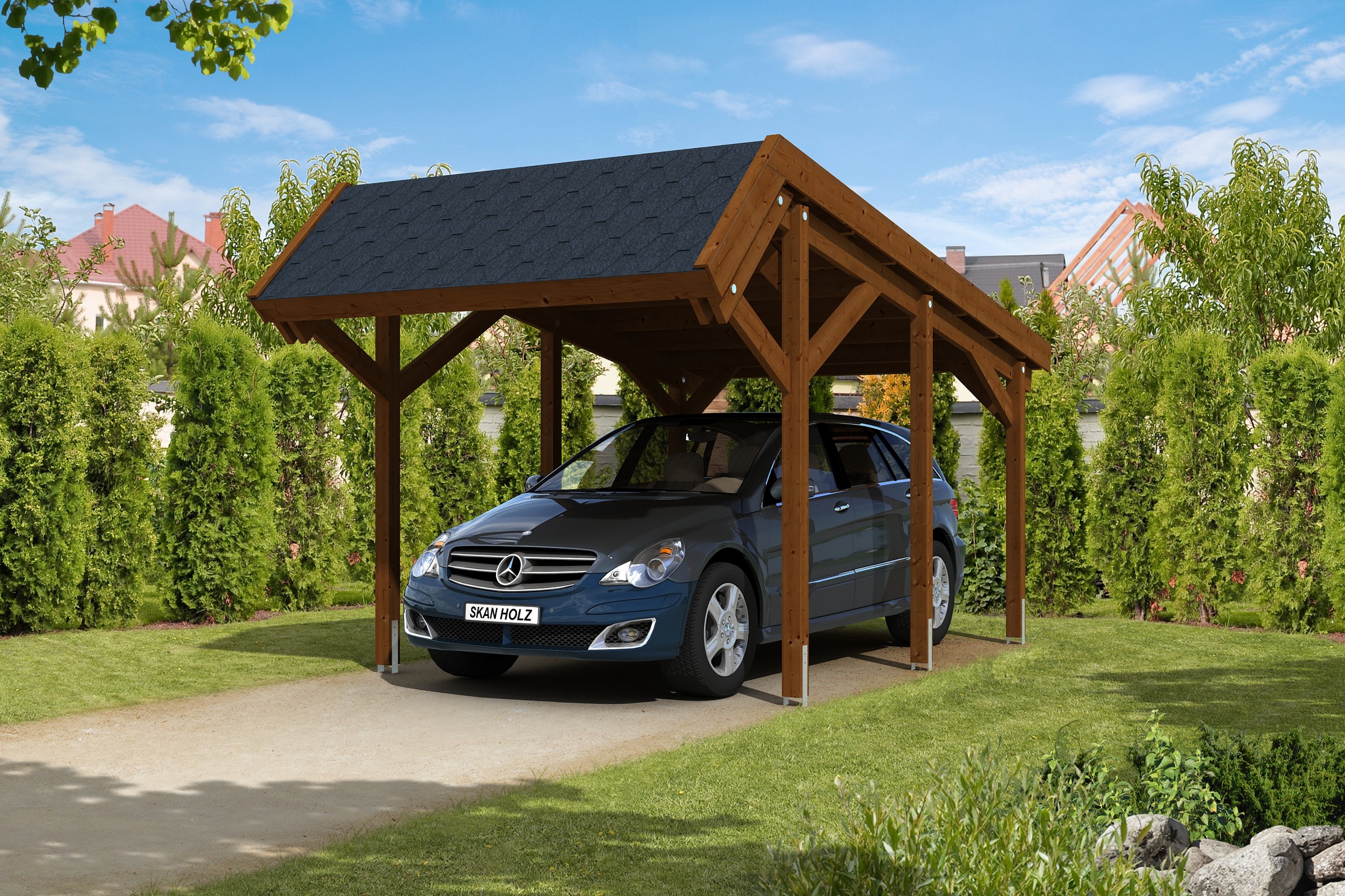 Skanholz Einzelcarport »Harz«, Nadelholz, 291 cm, Nussbaum, mit schwarzen Schindeln