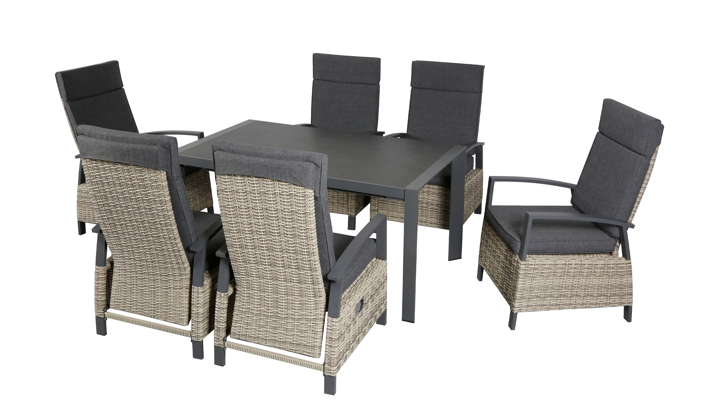 KONIFERA Garten-Essgruppe »Menton« Set, 6x Stuhl, 6x Auflage, 1x AZ-Tisch, 13 tlg. bestehend aus 6 Sesseln mit 6 Sitzauflagen und 1 Tisch