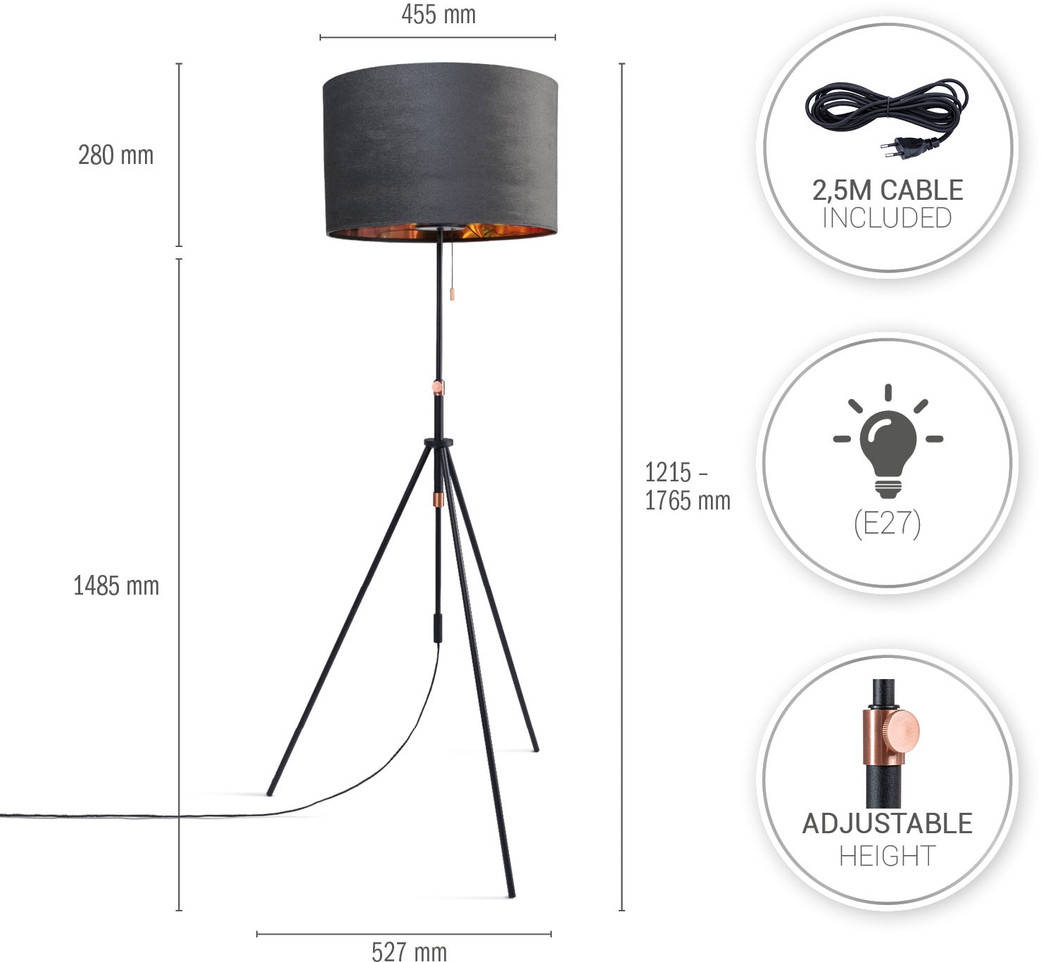 Paco Home Stehlampe »Naomi uni Color«, Leuchtmittel E27 | ohne Leuchtmittel, Wohnzimmer Höhenverstellbar 121,5 bis 176,5 cm Zugschalter Velour