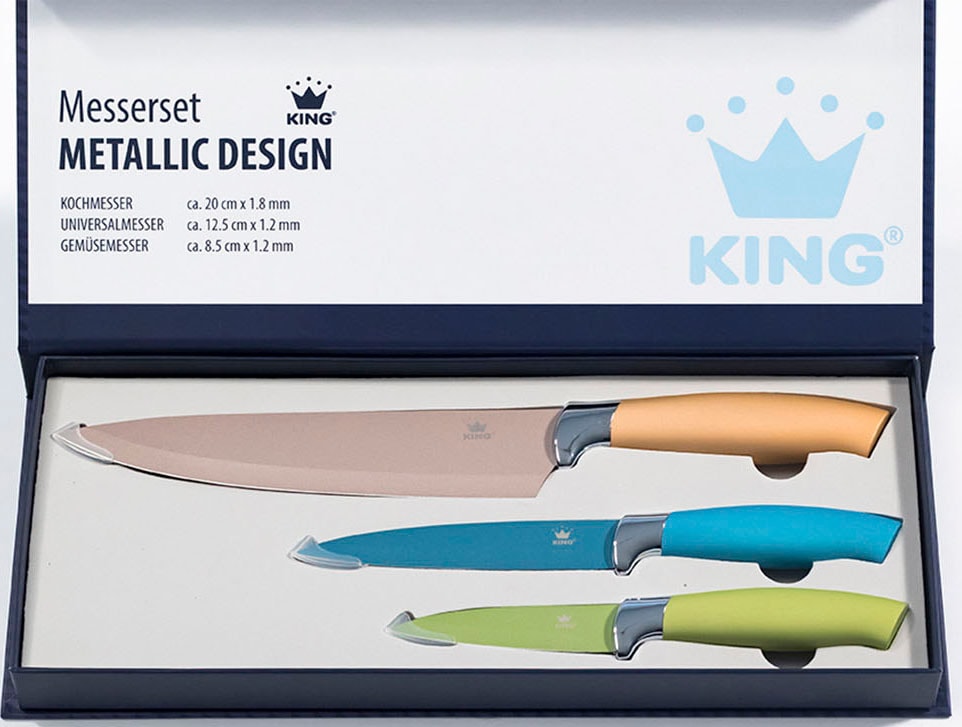 KING Bräter »5 Liter«, Aluminiumguss, (Set, 5 tlg., 3 Küchenmesser im Geschenketui), Aromaknopf, Induktion, mit Glasdeckel, Antihaft-Keramikbeschichtung