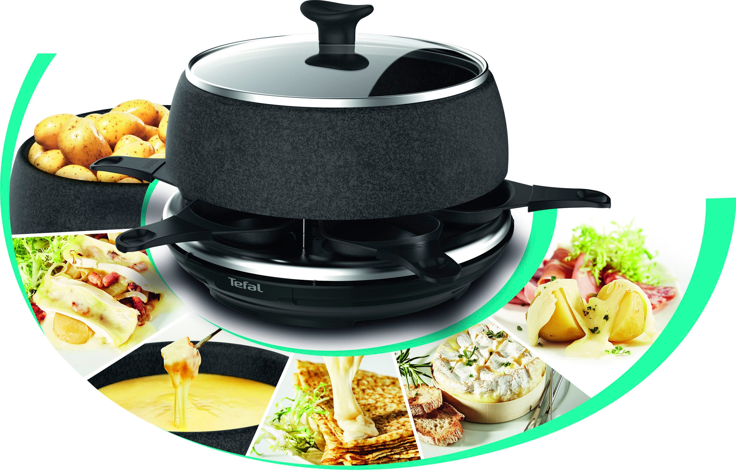 Tefal Raclette und Fondue-Set »Cheese 'n Co, 6 Raclettepfännchen, 850 W, für 6 Personen,« 6 Stk. Raclettepfännchen 850 W spülmaschinengeeignet, mit Rezeptbuch, Stein-Optik, RE12C8