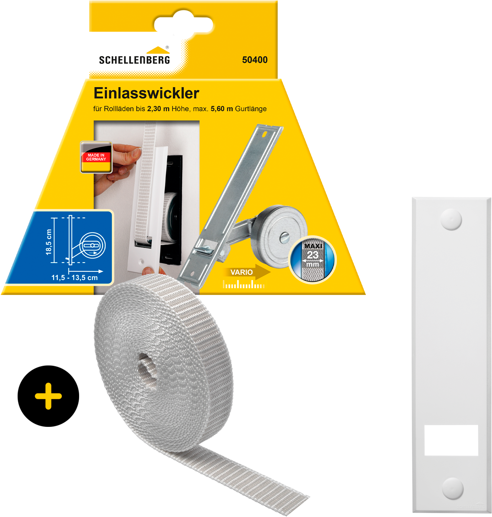 SCHELLENBERG Einlass-Gurtwickler »Unterputz, inkl. Abdeckplatte weiß und Rollladengurt in grau oder weiß«, 18,5 cm Lochabstand für das Rollladensystem Maxi