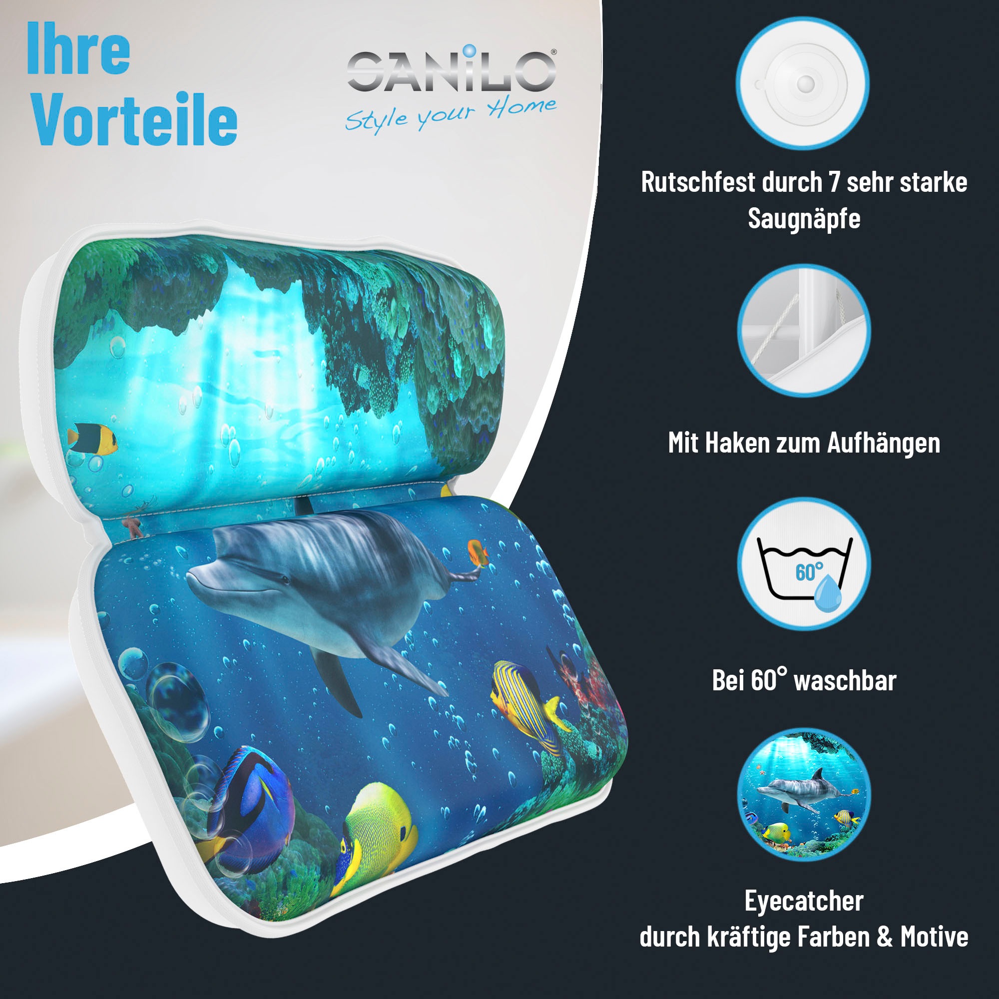 Sanilo Nackenkissen »Badewannenkissen Delphin«, bequem, rutschfest, kräftige Farben, mit 7 starken Saugnäpfen
