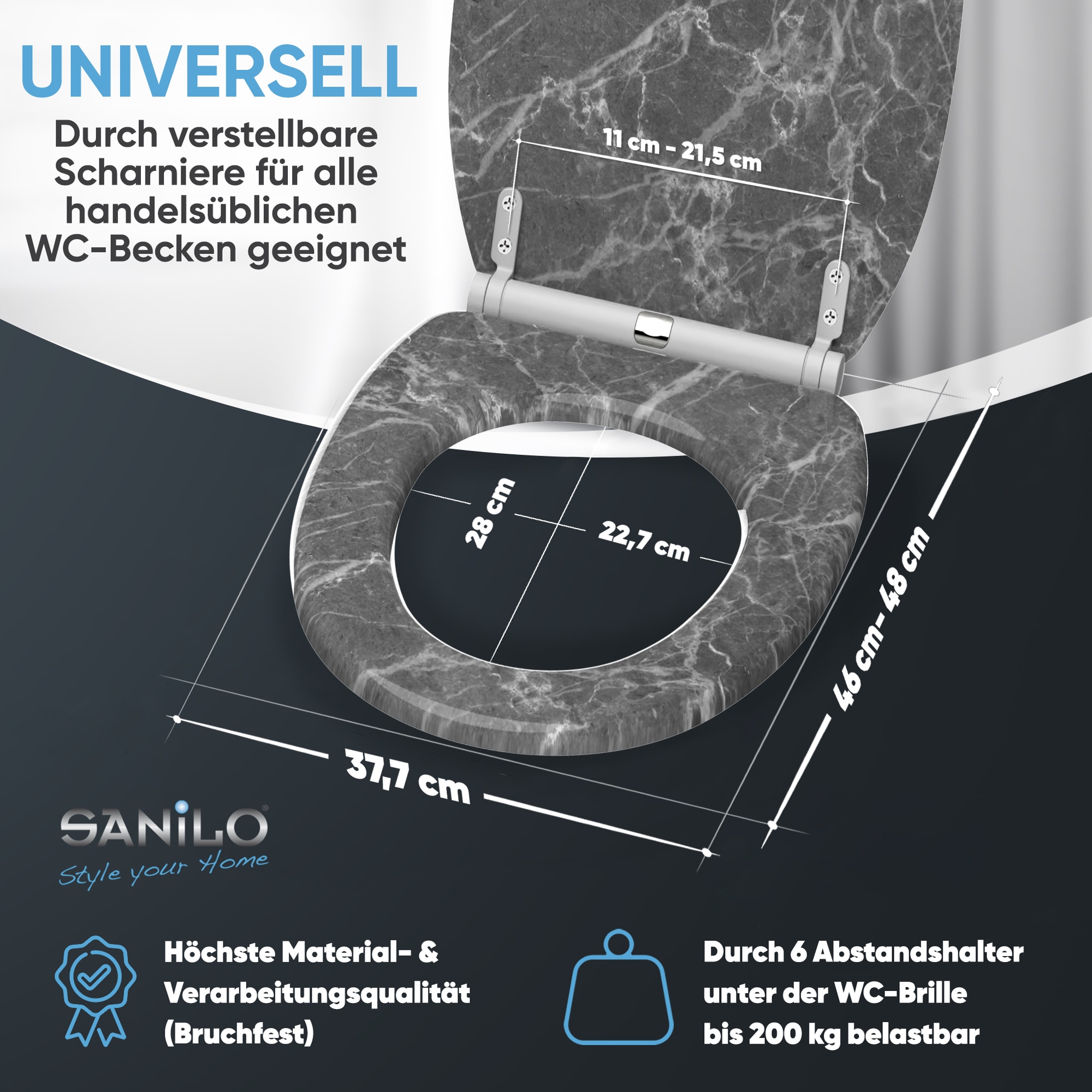 Sanilo WC-Sitz »Marmor Grau mit Absenkautomatik & Quick Release« Premium Toilettendeckel, abnehmbar, leichte Montage von oben