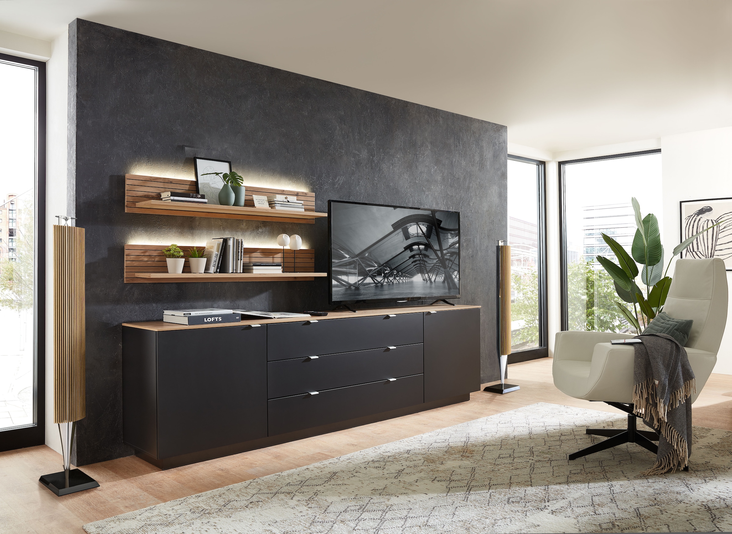 Innostyle TV-Schrank »Core, TV Sideboard Stellmaß B/H/T 240x77x44 cm«, (1 St.), TV Sideboard mit 2 Holztüren und 3 Schubkästen mit Doppelzarge