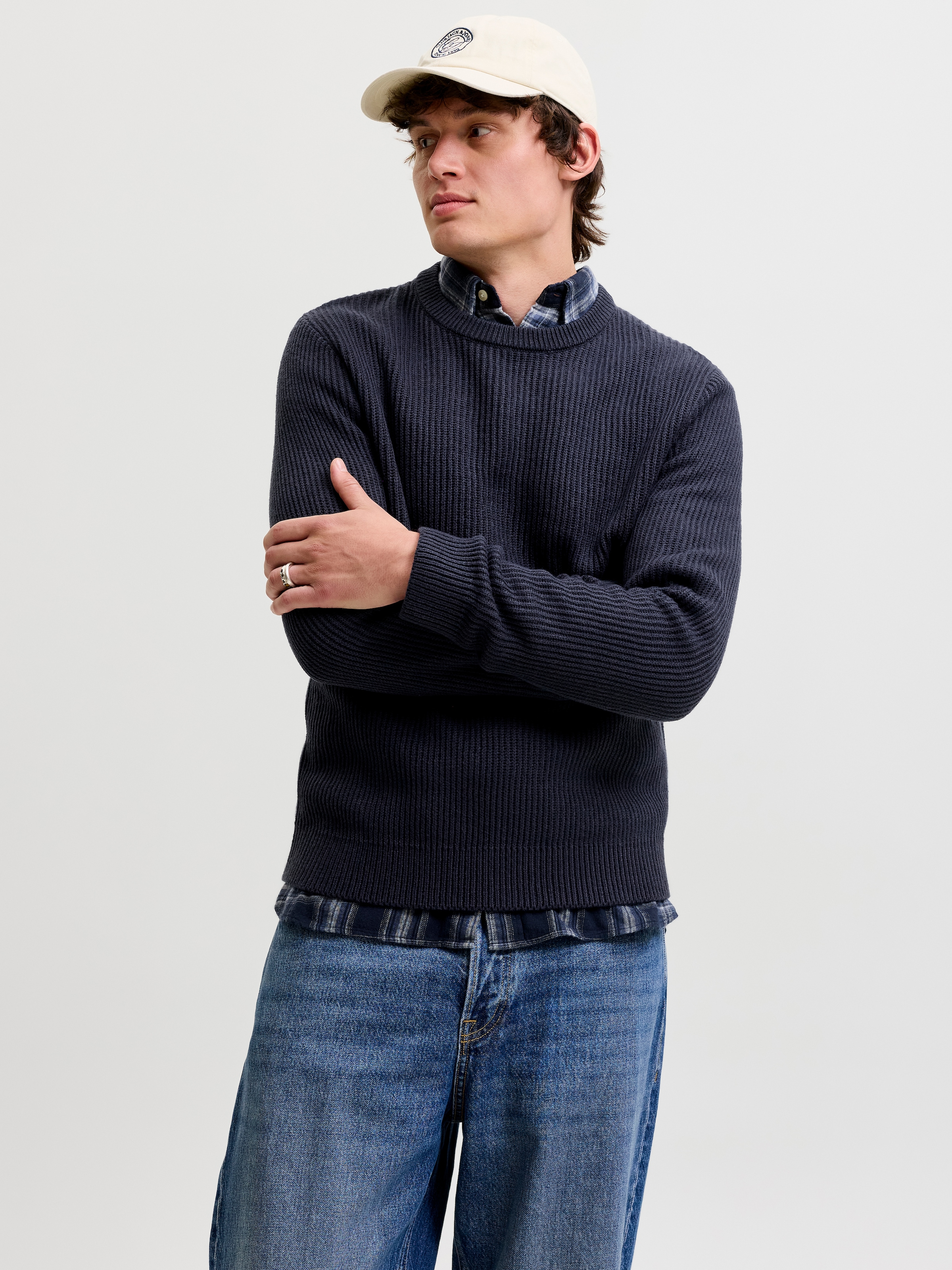Jack & Jones Rundhalspullover »JJPANNEL KNIT CREW NECK AW26« Materialmix, regular fit