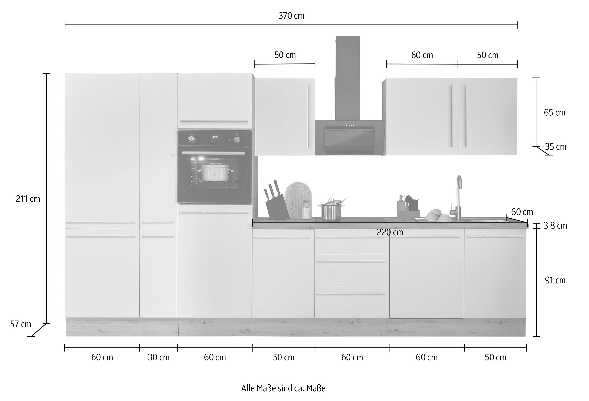 KOCHSTATION Küchenzeile »Florida«, Breite 370 cm, wahlweise mit E-Geräten,Softclose für Türen/Schubkästen