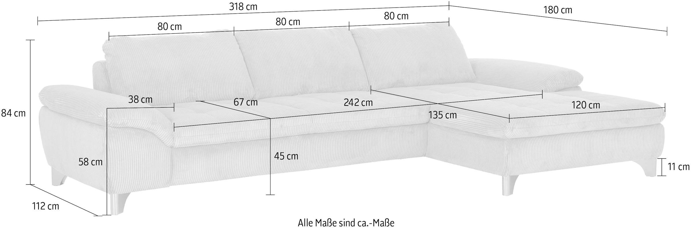 Die PlanBar Ecksofa »MP-IN14007, Breite 318 cm« wahlweise mit Bettfunktion und verstellbaren Kopfstützen