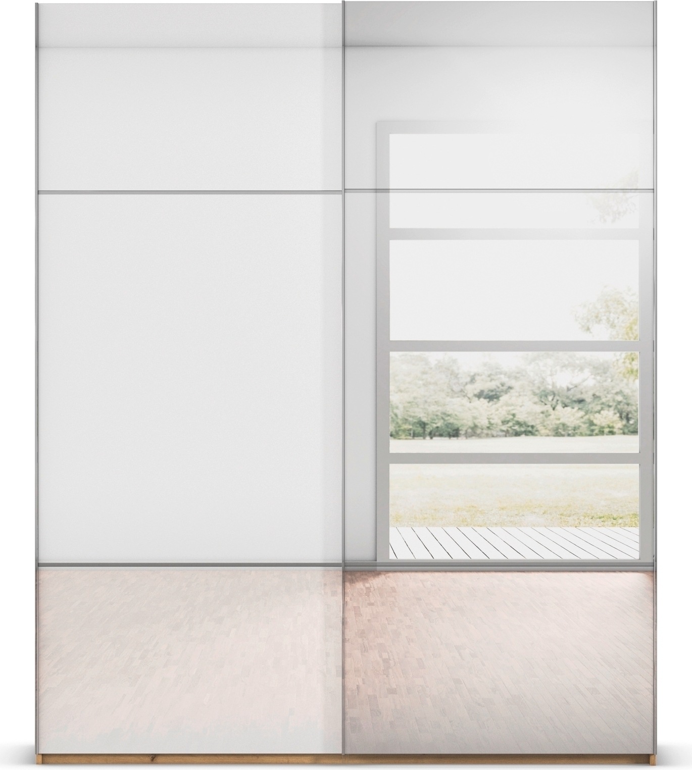rauch Schwebetürenschrank »Kleiderschrank Schrank Garderobe Schlafzimmerschrank SCALE-TRIO«, edle dreigeteilte Front mit 2 Zierleisten Spiegel/Glas MADE IN GERMANY