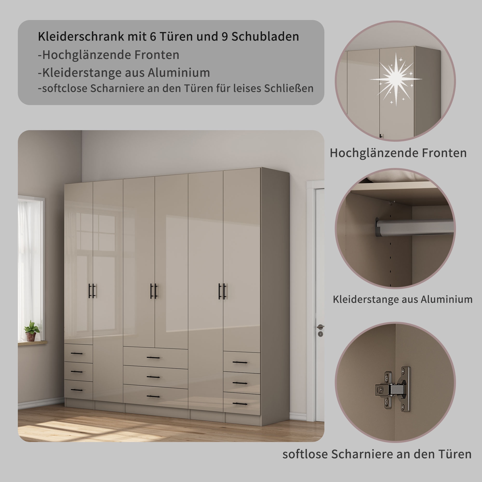 OTTO home Kleiderschrank »Trento Schlafzimmerschrank Garderobe hochglanz« in 2 unterschiedlichen Schrankhöhen wählbar,  Schrank mit 6 Türen und 9 Schubladen, Hochglanz-Fronten, 2,39m Höhe