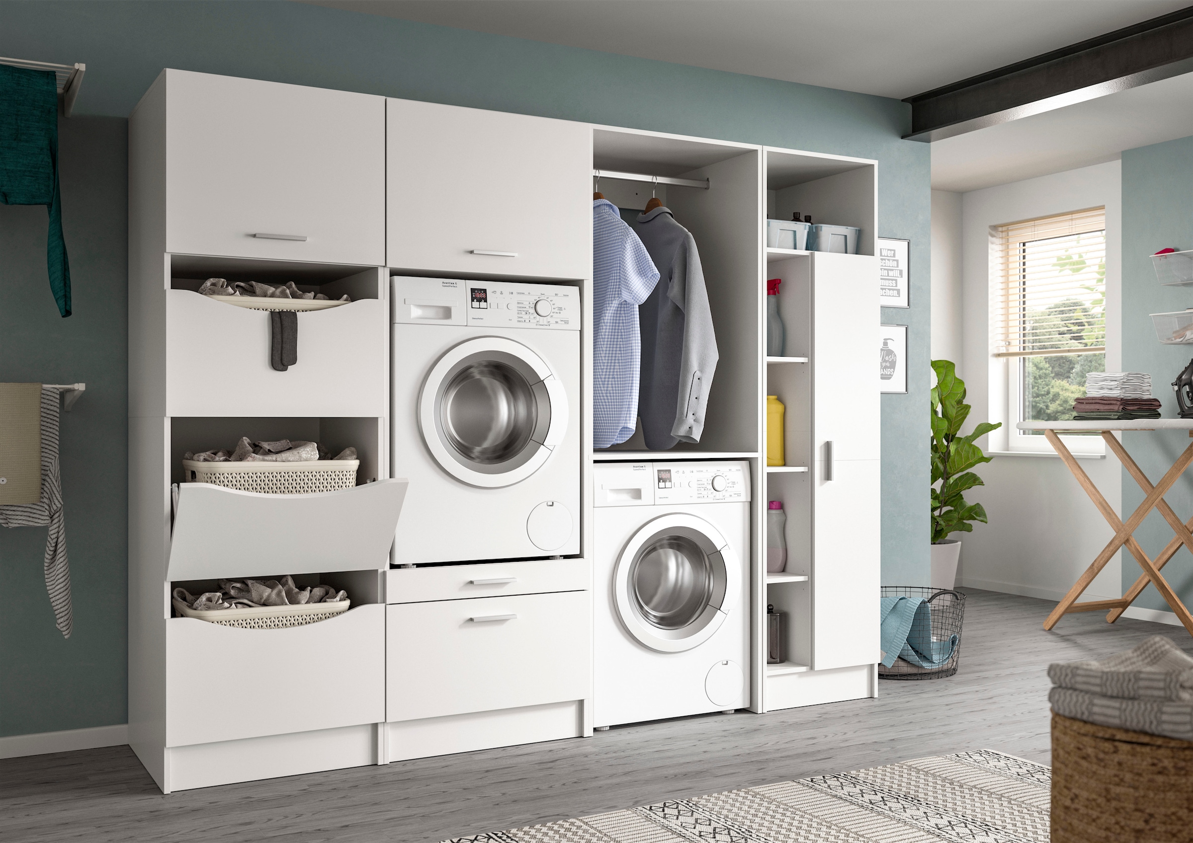 welltime Badmöbel-Set »FALAS, TOPSELLER!, 4-teilig, Hauswirtschaftsraum Set, Breite 248 cm«, (Set, 4 St., 1x Wäscheschrank, 2x Waschmaschinenumbauschrank & 1xMehrzweckschrank), Kombination, Waschmaschinenumbau, Waschmaschinenschrank, Wäschekammer