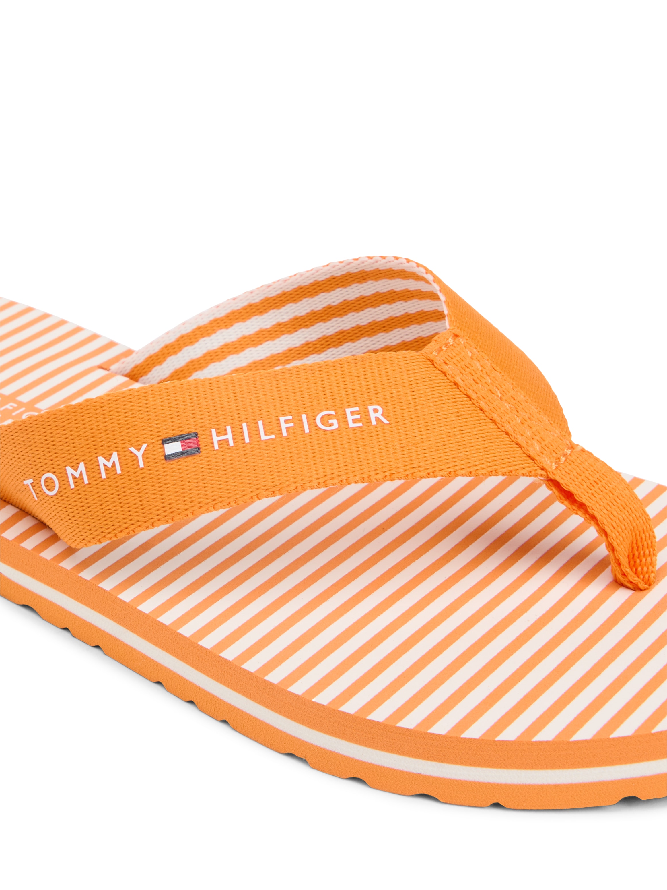 Tommy Hilfiger Zehentrenner »TH ITHACA STRIPE SUMMER SANDAL«  Sommerschuh, Pool Slide, Dianette, Flat mit Logo-Schriftzug
