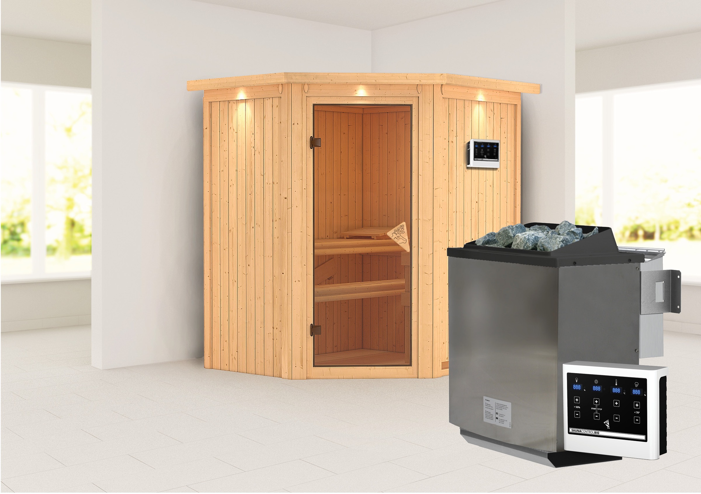 Karibu Sauna »»Liyah« mit bronzierter Tür und Kranz naturbelassen«, in vers günstig online kaufen
