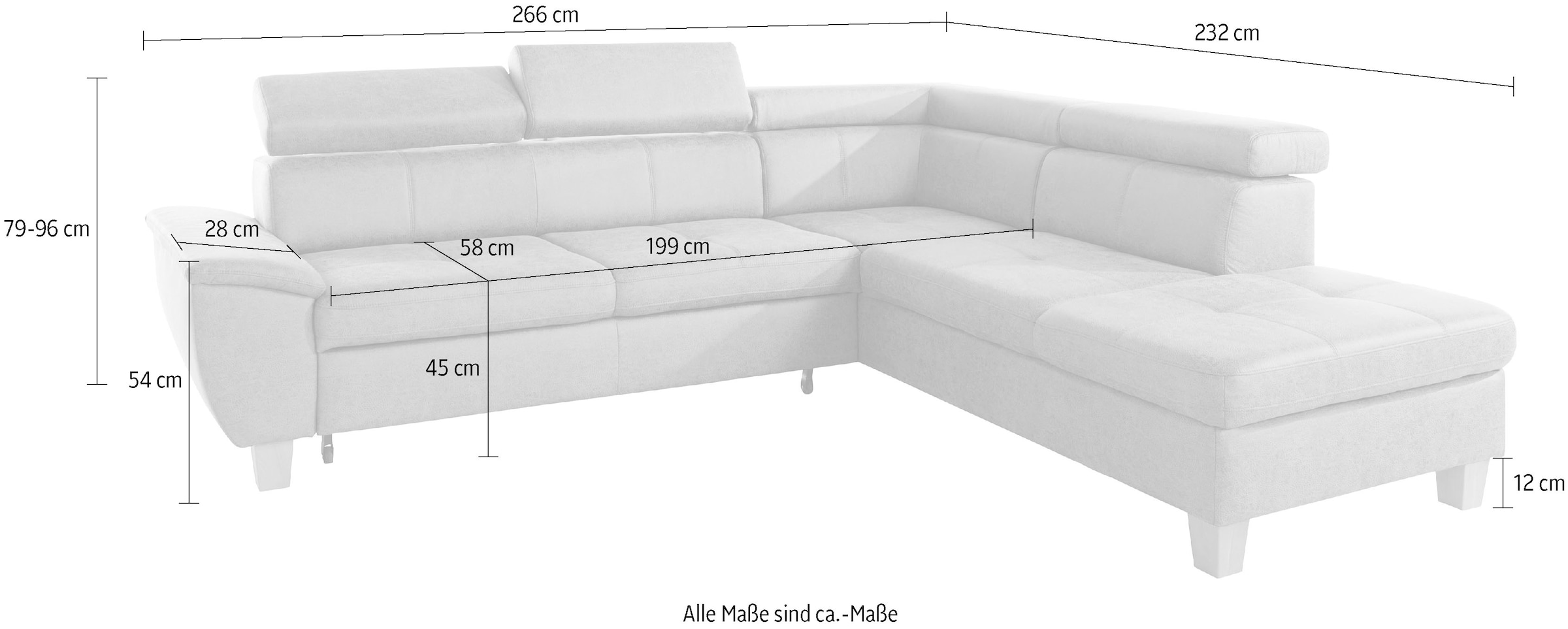 exxpo - sofa fashion Ecksofa »Enya, hoher Sitzkomfort, Breite 266cm, bequem, 12cm hohe Füße, L-Form« mit Kopfteilverstellung, wahlweise Bettfunktion u. Bettkasten