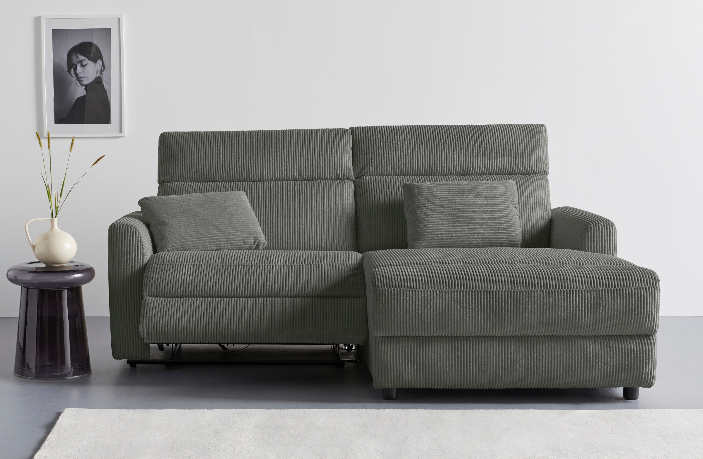 INOSIGN Ecksofa »JENNA, L-Form, 209cm, manuelle u. elektrische Funktion, mit USB A/C,«, Liegefunktion 105°-150°, Federkern, Cord