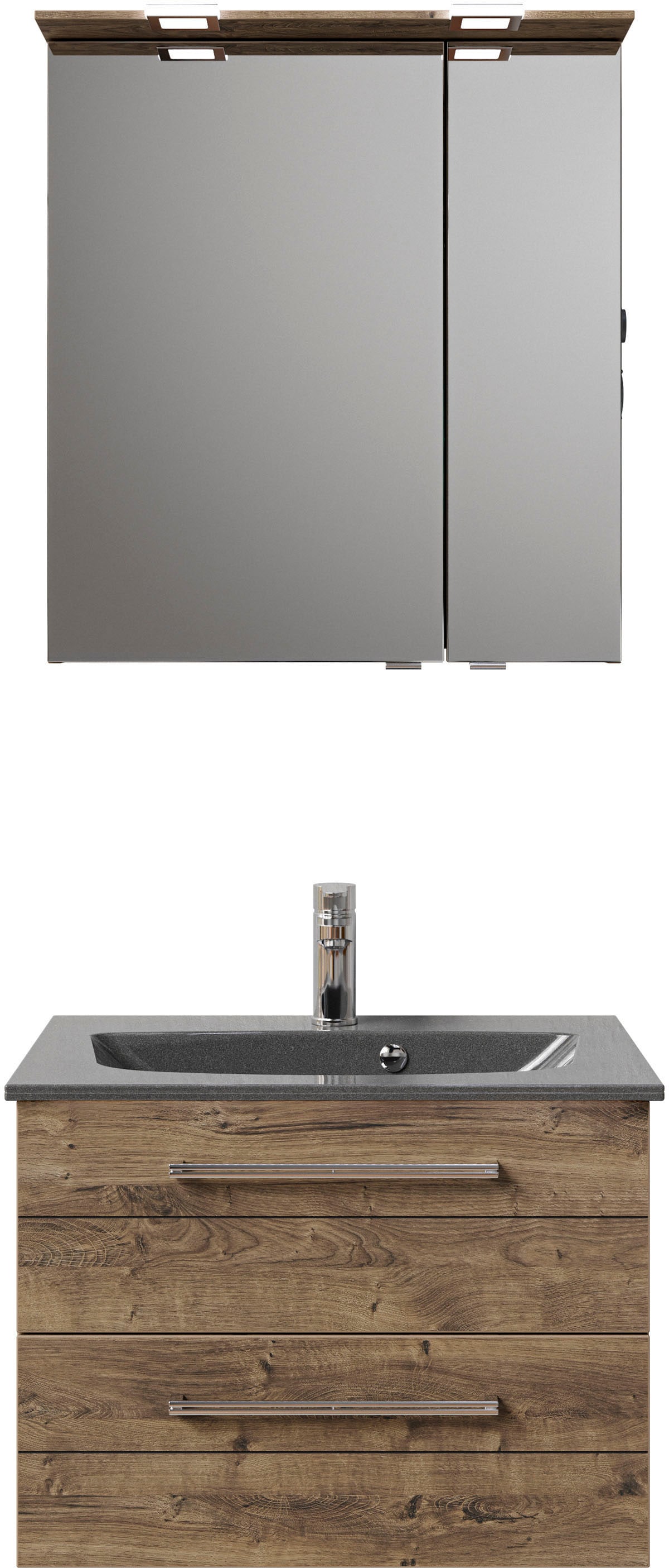 Saphir Badmöbel-Set »Serie 6025 2-teilig Mineralmarmor-Waschtisch mit LED-Spiegelschrank«, (2 St.), Waschplatz 67 cm breit, 2 Schubladen, 2 Spiegel-Türen, inkl Türdämpfer
