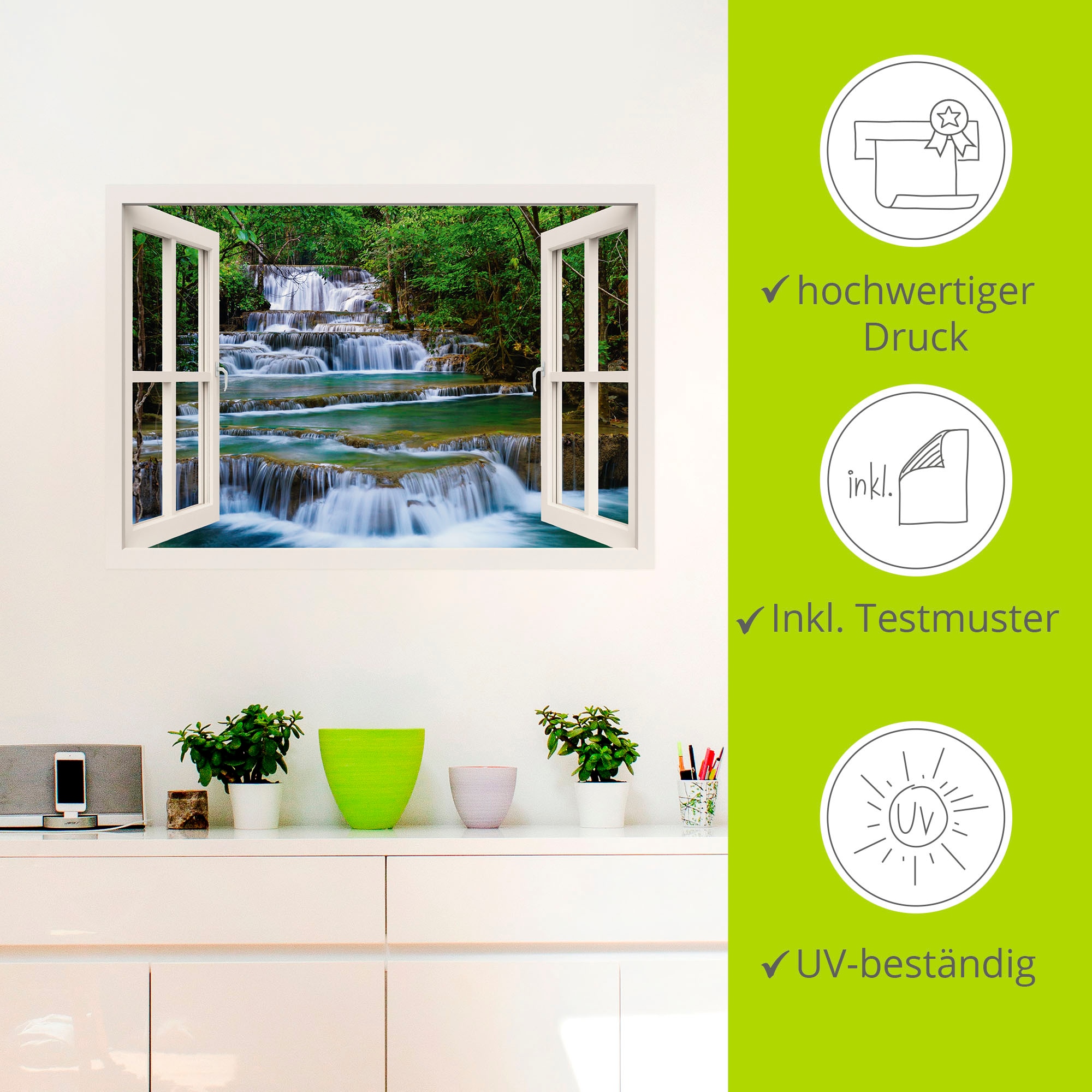 Artland Wandbild »Fensterblick Wasserfall in Kanchanaburi«, Fensterblick, (1 St.), als Leinwandbild, Poster, Wandaufkleber in verschied. Größen