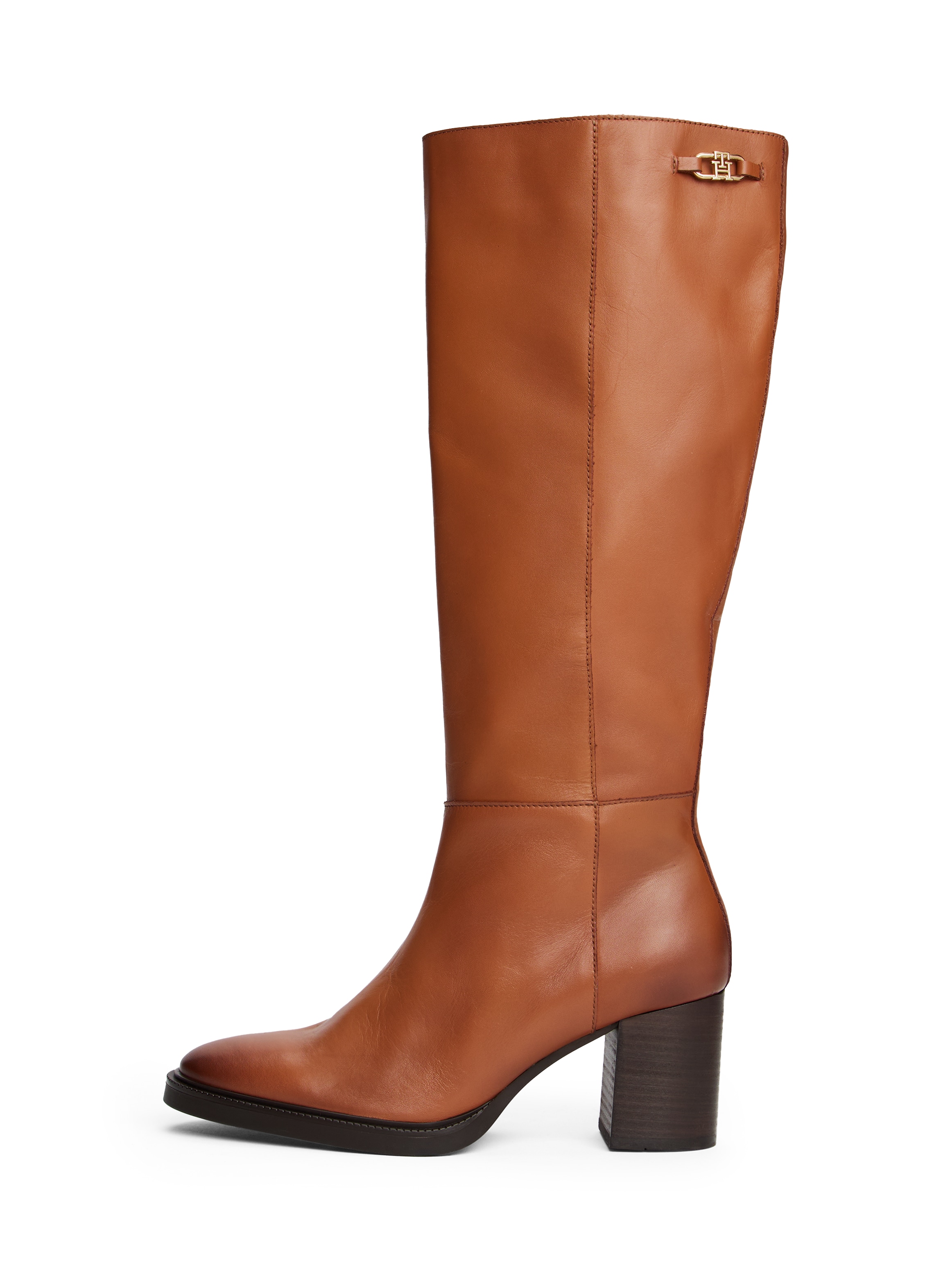Tommy Hilfiger Stiefel »STACKED HEEL LEATHER LONG BOOT«, Blockabsatz, Langschaftstiefel mit goldfarbenem Logo-Schmuckelement