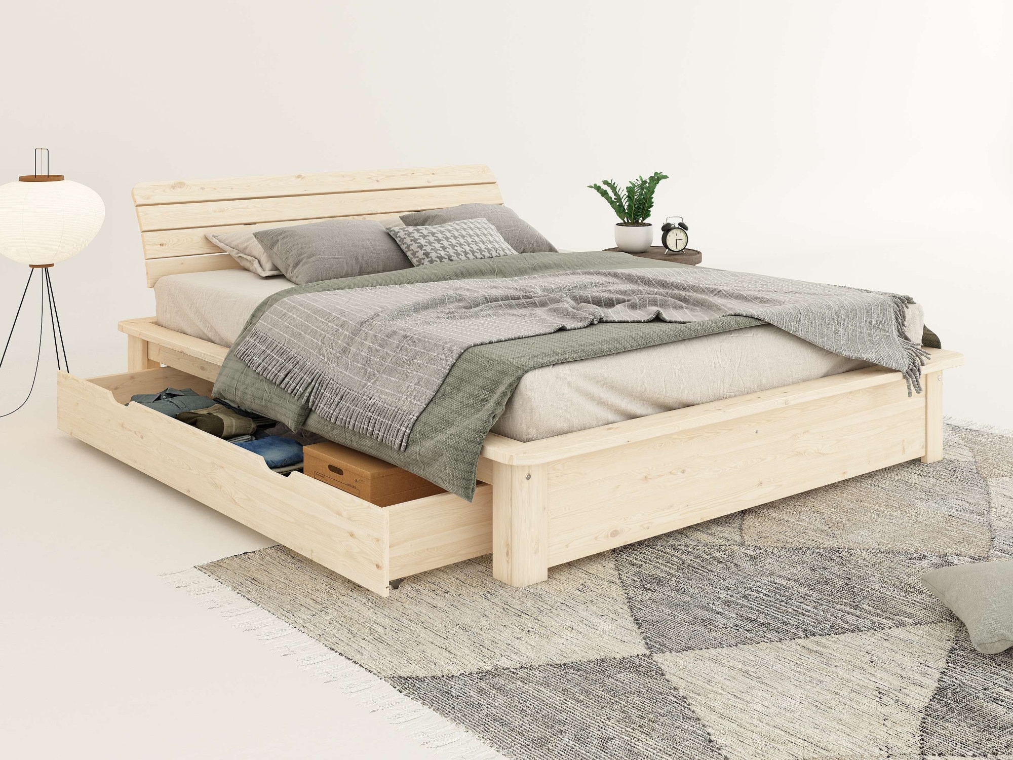 OTTO home Massivholzbett »Antri, Futonbett, ergonomisch geformtes Kopfteil, stilvolles Design« Rahmen zur Ablage von Smartphone, mit Lattenrost, Bettkasten optional